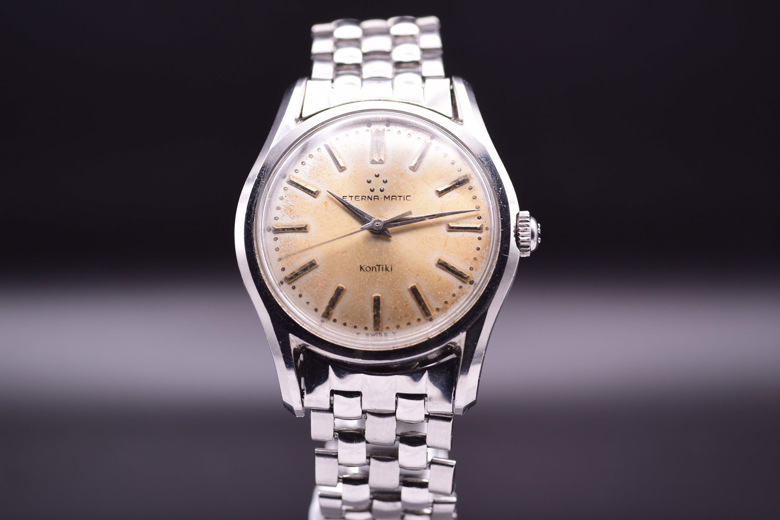 Eterna Matic KonTiki Automatic Men's Commemorative Wristwatch with Tropical Dial, Circa 1963: C. 1963BAn elegant and historically significant gentleman's vintage?Eterna-Matic KonTiki wristwatch, circa 1963, is featured. It has a robust stainless steel case and is powered by the brand's