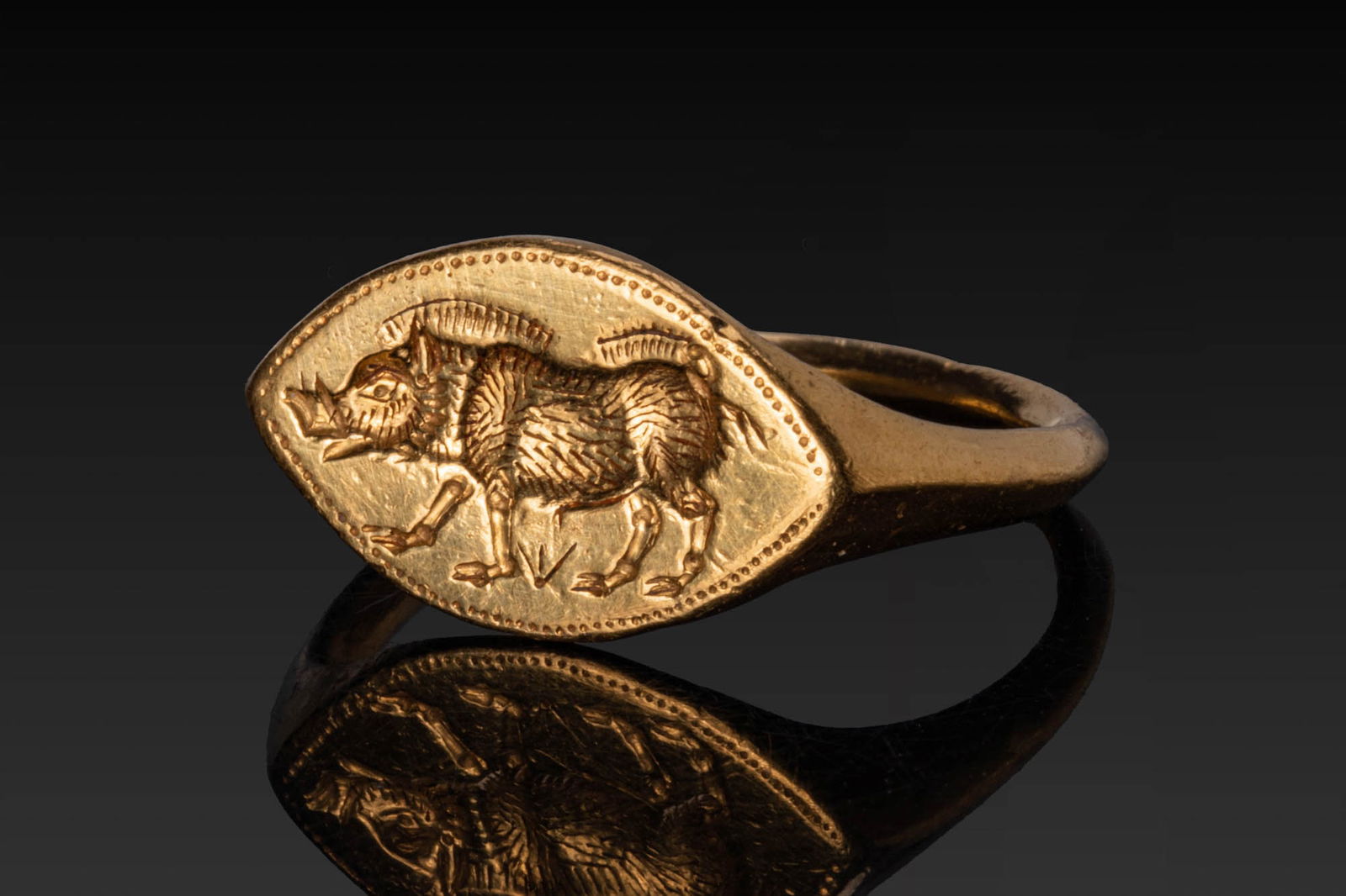 FINE GREEK SOLID HIGH KARAT GOLD RING WITH WILD BOAR: Ca. 500 - 400 BC. A gold ring with a slender hoop thickened at the shoulders beneath a bezel plate engraved with a wild boar advancing to the left. A fine dotted punch border encircles the animal with