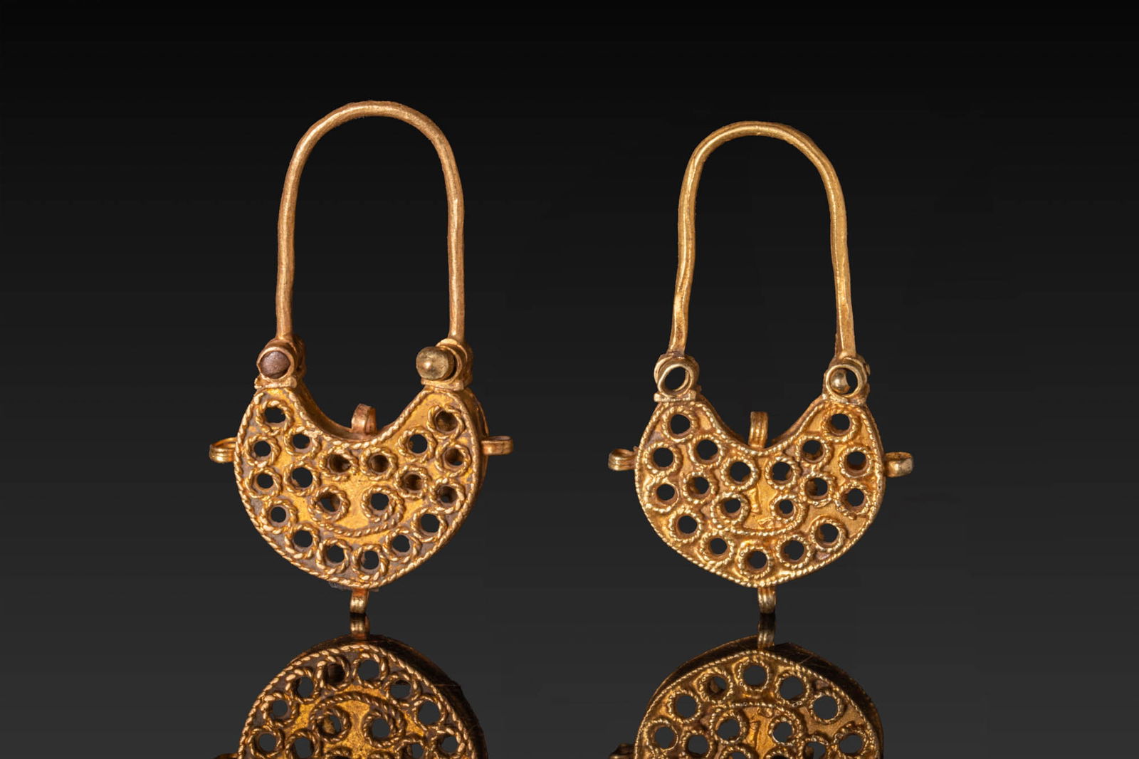 MATCHED PAIR OF GREEK HIGH KARAT GOLD OPENWORK EARRINGS (1 of 3)