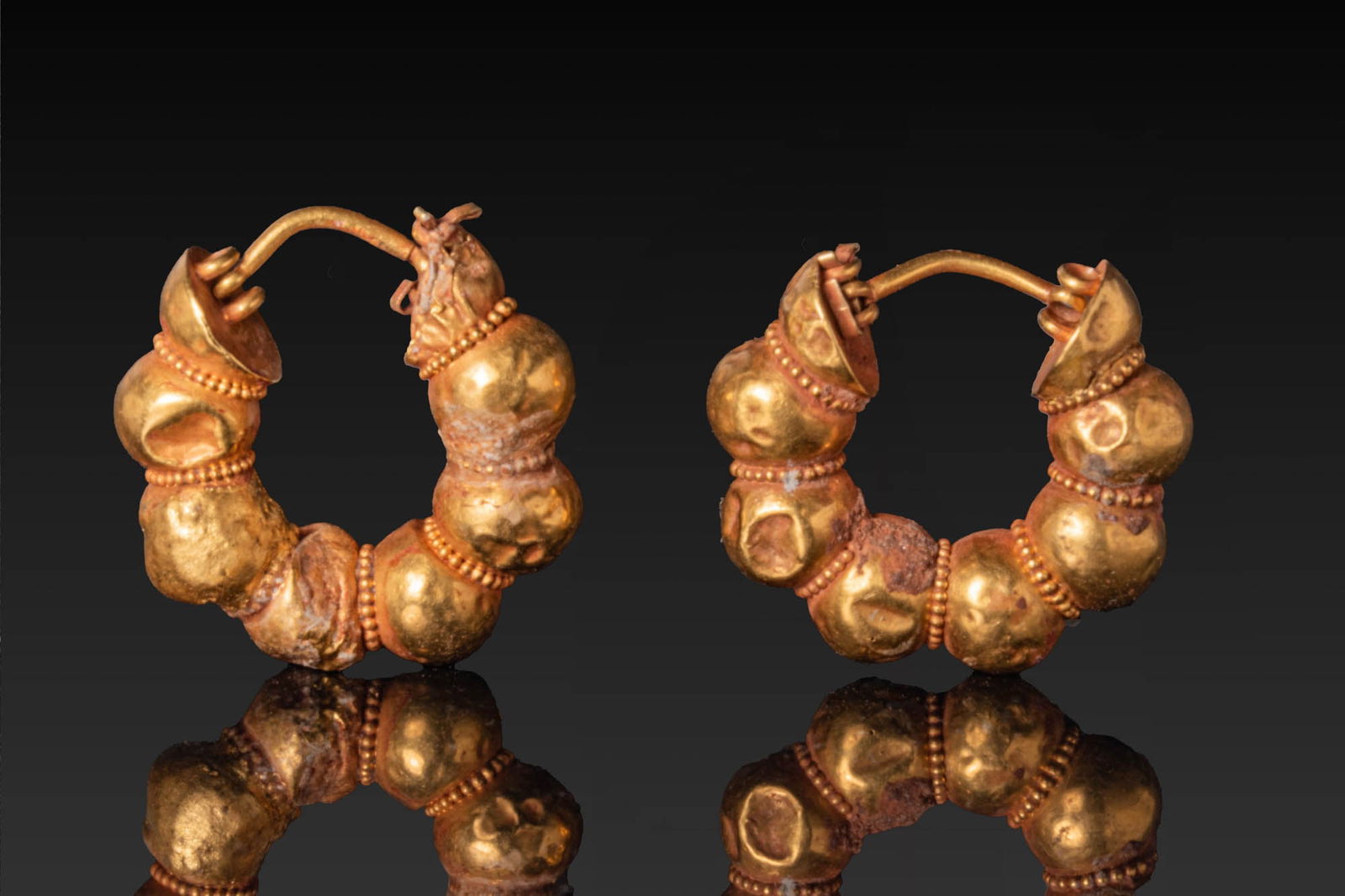 MATCHED PAIR OF EASTERN GREEK HIGH KARAT GOLD EARRINGS WITH GRANULATION (1 of 7)