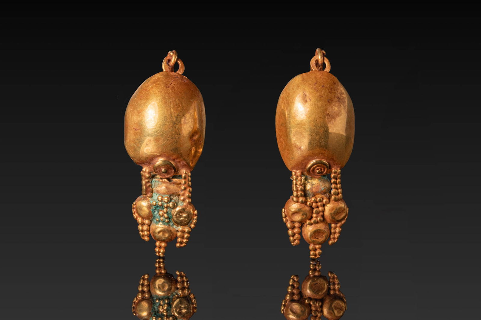 MATCHED PAIR OF HELLENISTIC HIGH KARAT GOLD GRANULATED EARRINGS (1 of 6)