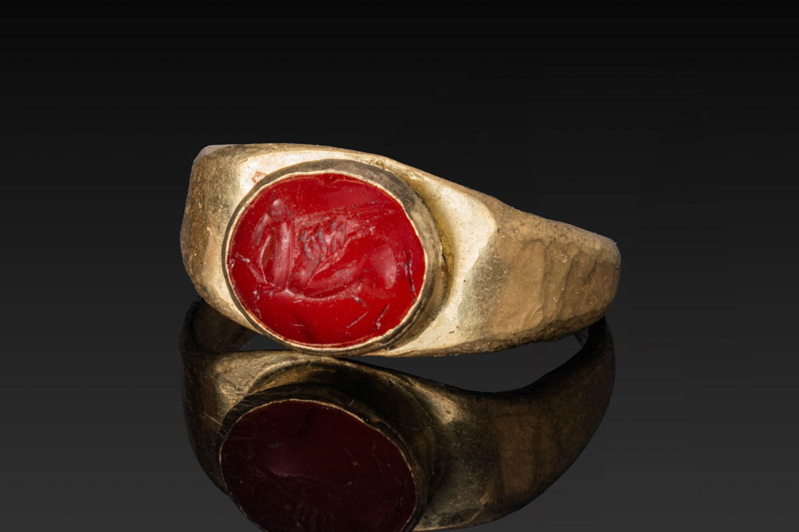 ROMAN CARNELIAN INTAGLIO OF PEGASUS IN HIGH KARAT GOLD RING (1 of 4)