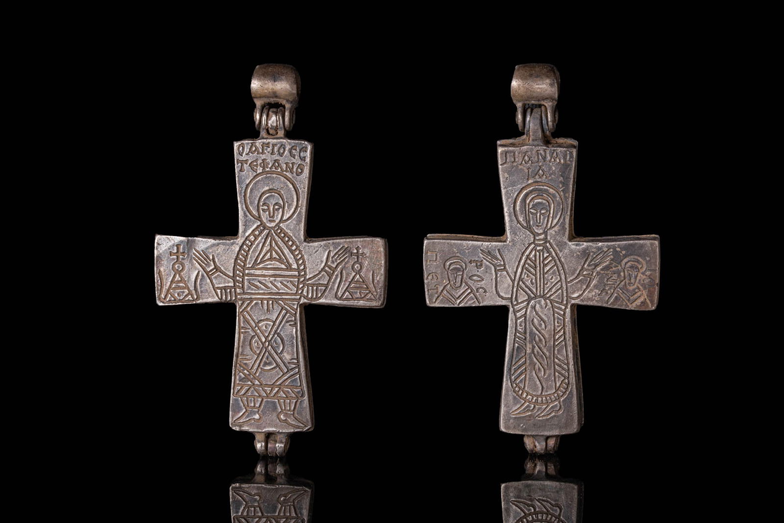 BYZANTINE SILVER ENKOLPION CROSS PENDANT WITH THE PANAGIA AND SAINTS (1 of 4)