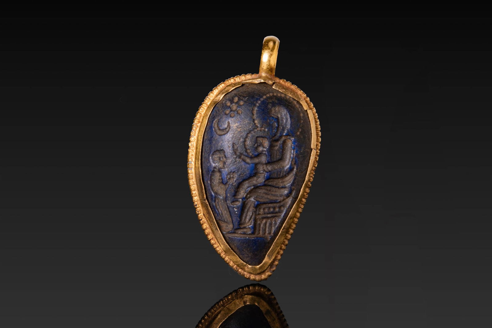 RARE BYZANTINE HIGH KARAT GOLD AND LAPIS LAZULI PENDANT WITH CHRIST BLESSING ST JOHN THE BAPTIST AND (1 of 3)