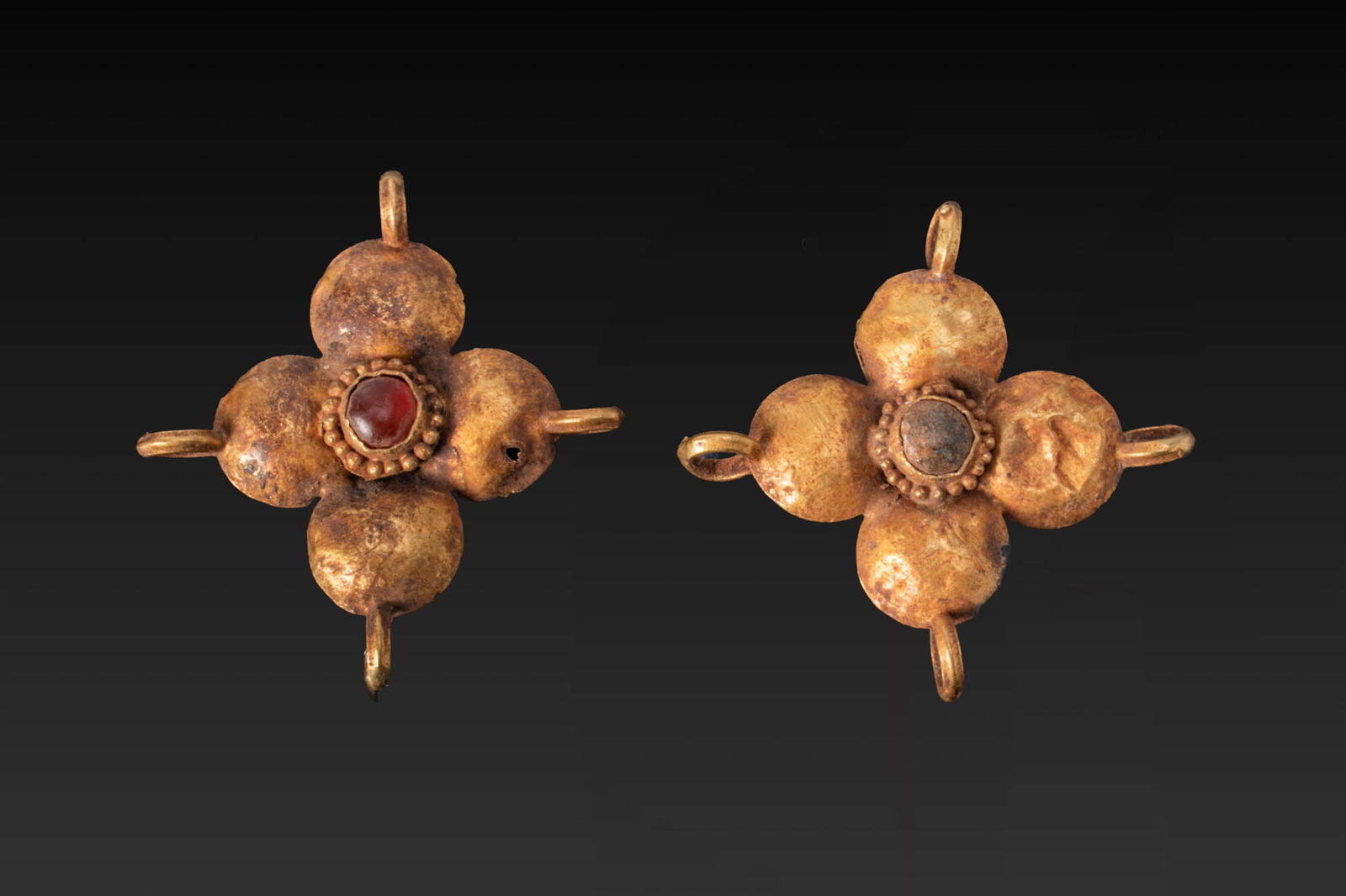 PAIR OF BYZANTINE HIGH KARAT GOLD PENDANTS WITH CABOCHONS (1 of 2)