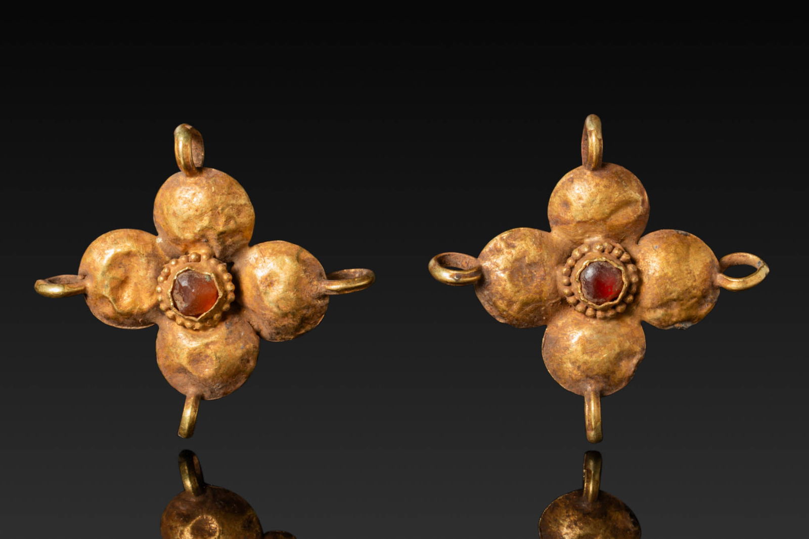 PAIR OF BYZANTINE HIGH KARAT GOLD CROSS-SHAPED PENDANTS WITH GEMSTONES (1 of 3)