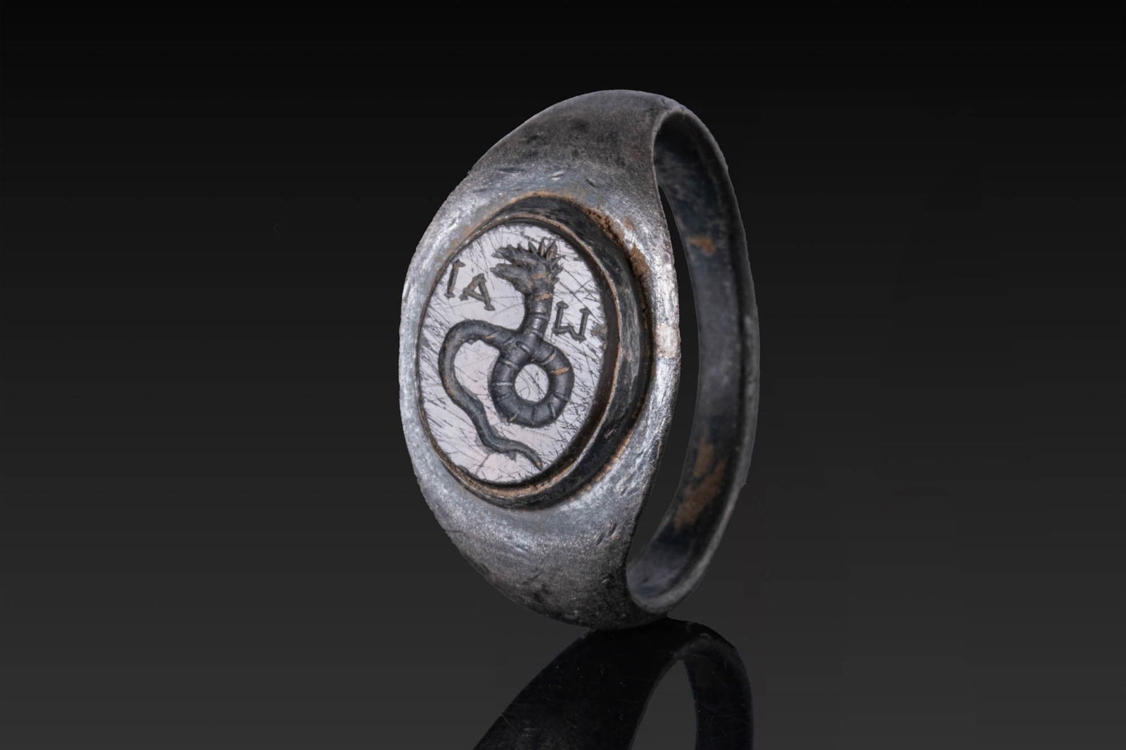 ROMAN GNOSTIC MAGICAL INTAGLIO OF A CHNOUBIS AND INSCRIPTION (IAW) IN SILVER RING (1 of 4)