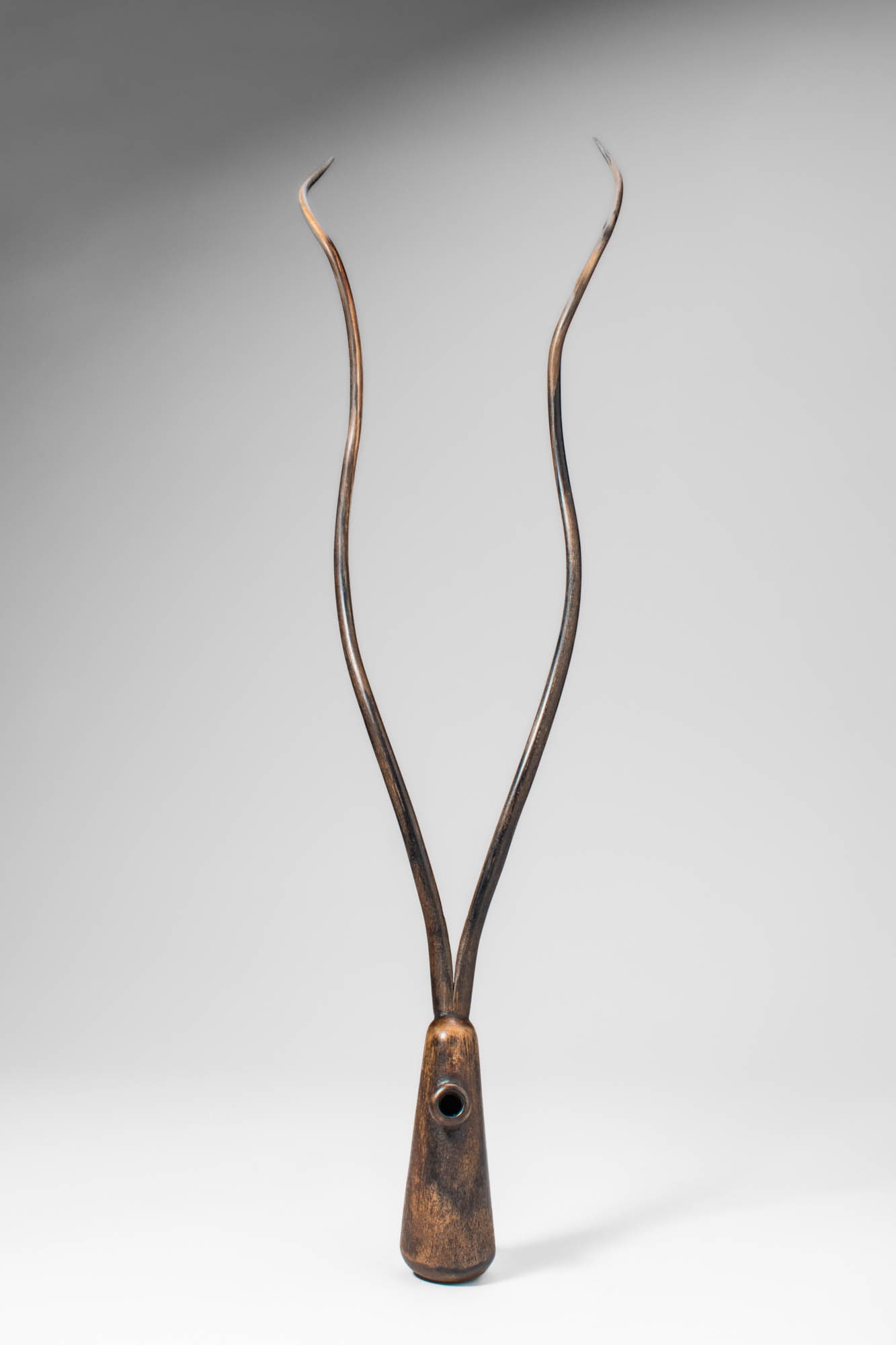 ZULU SNUFF CONTAINER: Ca. 19th - 20th century AD. >A snuff container formed with a tapered body terminating in a narrow neck, the vessel is fitted with two long, slender prongs rising upward in a graceful bifurcated form.