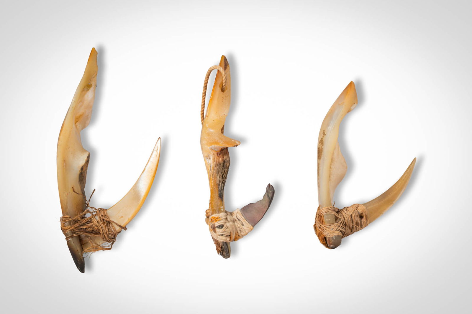 GROUP OF MARSHALL ISLAND FISH HOOKS: Ca. 19th - early 20th century AD. >A group comprising three fish hooks constructed from carved shell components joined with tightly bound fibre lashings. Each hook features a curved shank tapering to