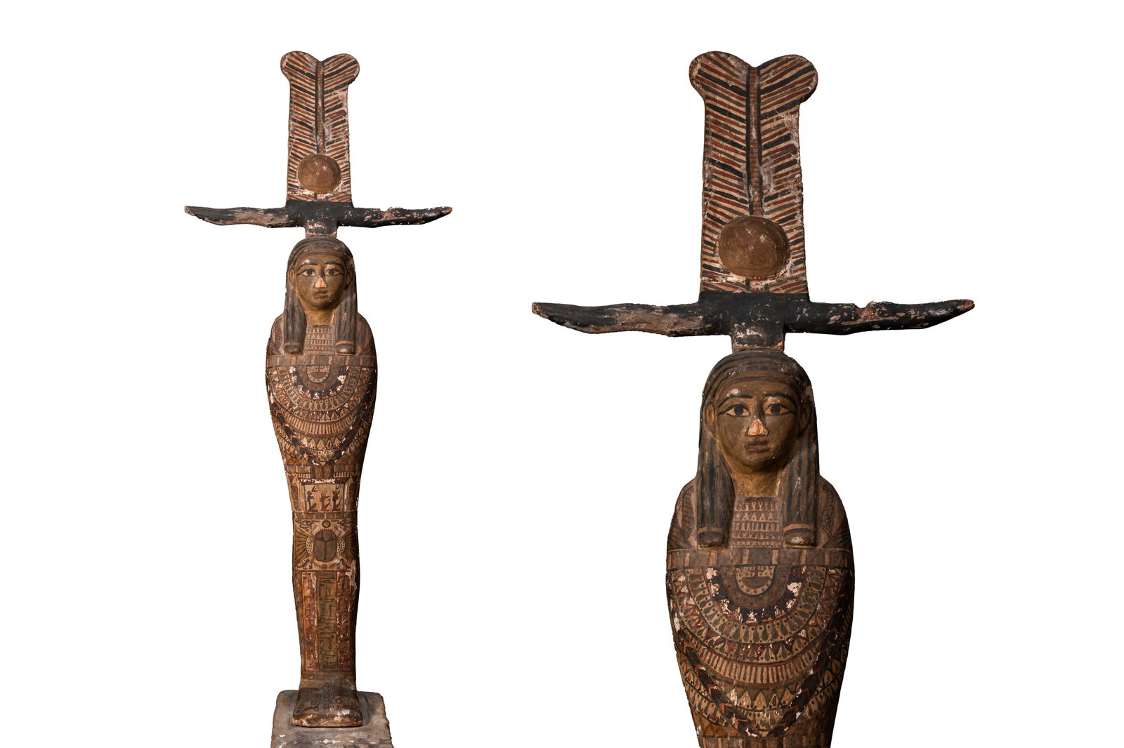 EGYPTIAN WOODEN PTAH-SOKAR-OSIRIS: Late Period, Ca. 664 - 332 BC A composite wooden statuette of Ptah-Sokar-Osiris in three parts, showing the mummiform god standing above a rectangular platform and fixed at the rear. He wears an atef