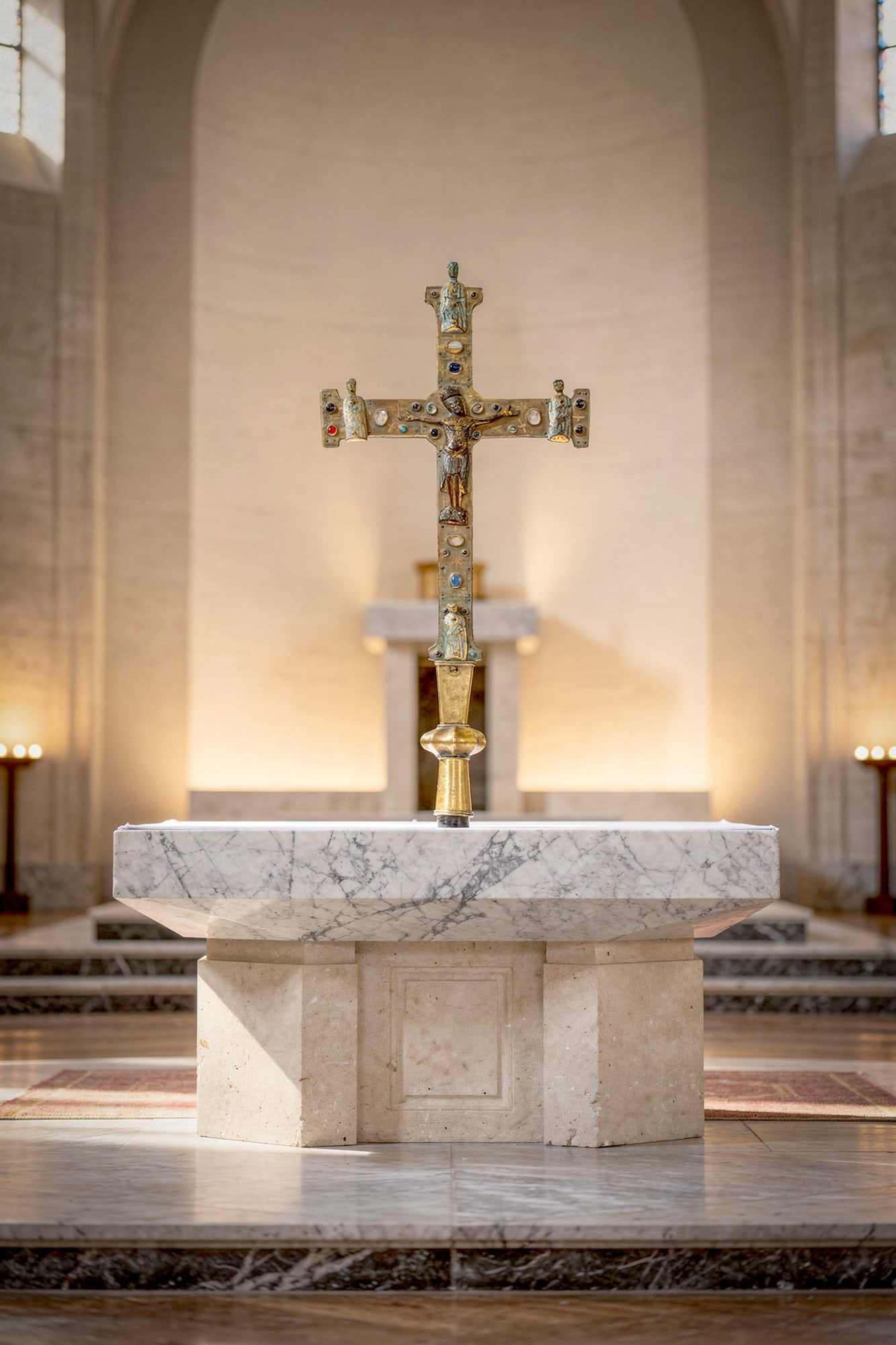 MEDIEVAL FRENCH LIMOGES ENAMELLED GILT-BRONZE PROCESSIONAL CRUCIFIX WITH CHRIST, EVANGELISTS AND GEM: Ca. AD 1100 - 1200. A gilt-bronze processional cross. The main face is centred by a cast, champlev?-enamelled figure of the crucified Christ, wearing a short perizoma and a crown, the terminals fitted