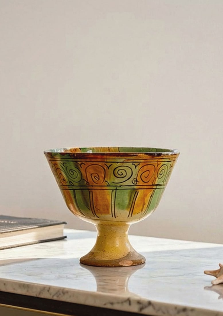 STUNNING BYZANTINE SGRAFFITO WARE FOOTED BOWL WITH GEOMETRIC SYMBOLS - EX ASHMOLEAN MUSEUM COLLECTIO: Ca. AD 1300 - 1400. A glazed ceramic footed bowl with a deep rounded body on a short stem and spreading foot, the rim slightly everted. The exterior is decorated with a horizontal band of incised zigz