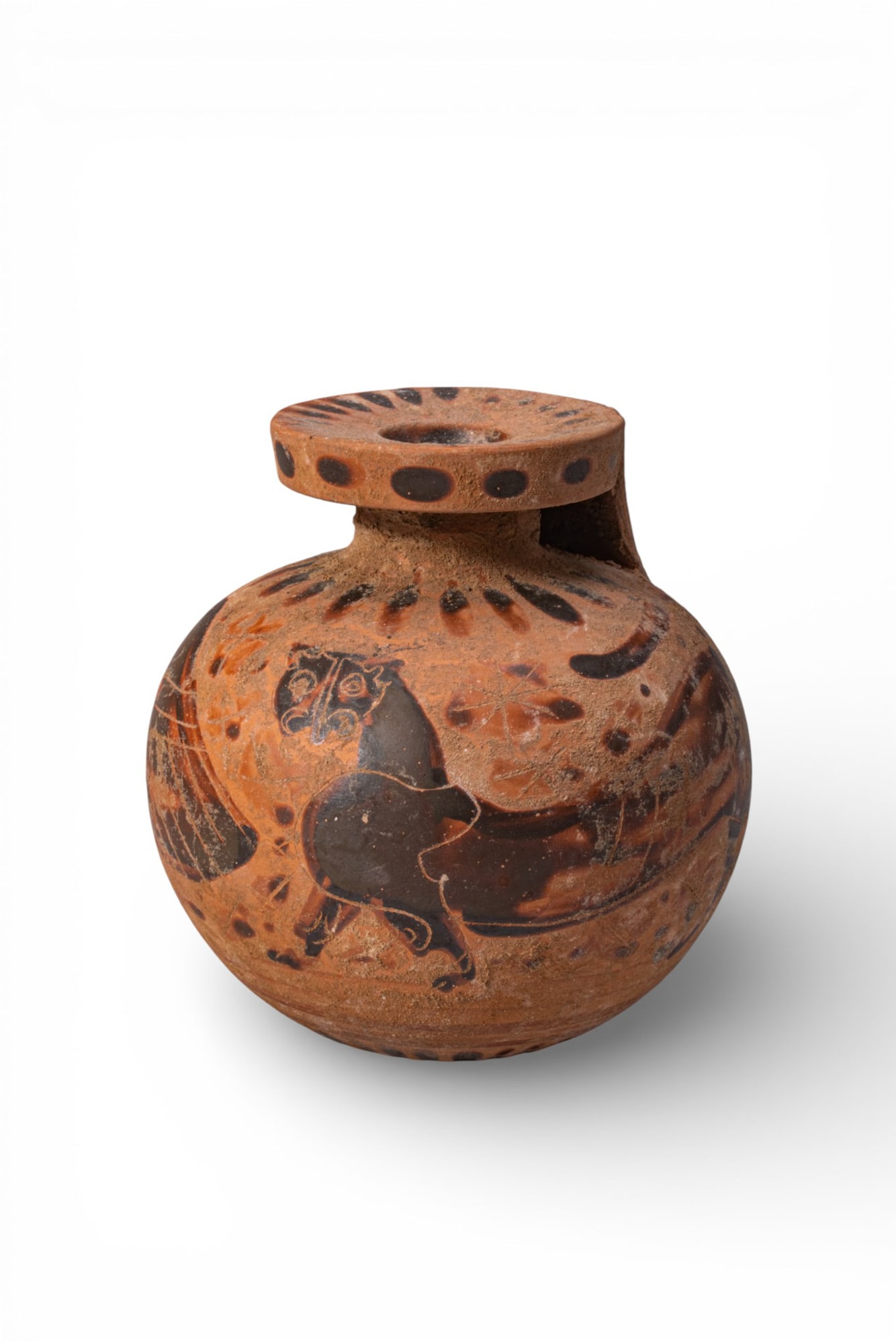 ETRUSCO-CORINTHIAN TERRACOTTA ARYBALLOS WITH LION AND BIRD: Ca. 625 - 600 BC. A terracotta aryballos with a broad, flat mouth, a short neck, a globular body, and a single handle from shoulder to rim. A dotted band encircles the mouth edge, with radiating