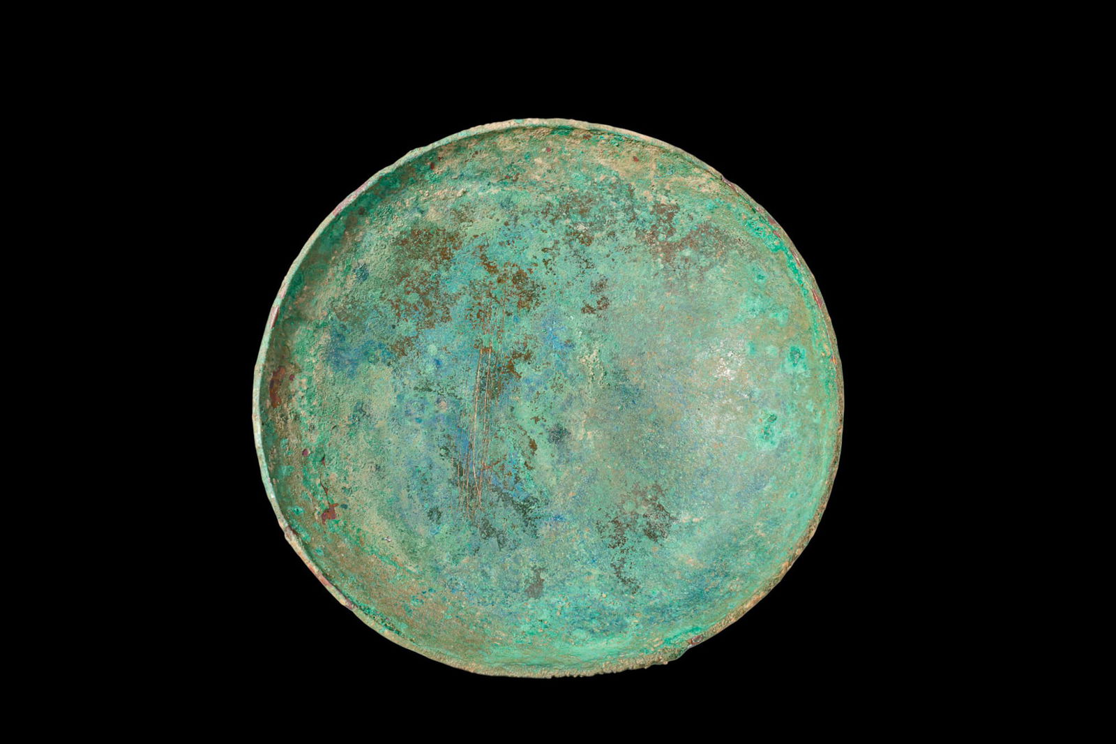 GREEK PERIOD LARGE BRONZE BOWL: Ca. 500 - 300 BC. A bronze bowl of broad shallow form with a curving wall and a wide mouth. The rim is plain and slightly thickened. Size: 65mm x 275mm; Weight: 710g Provenance: Property of an