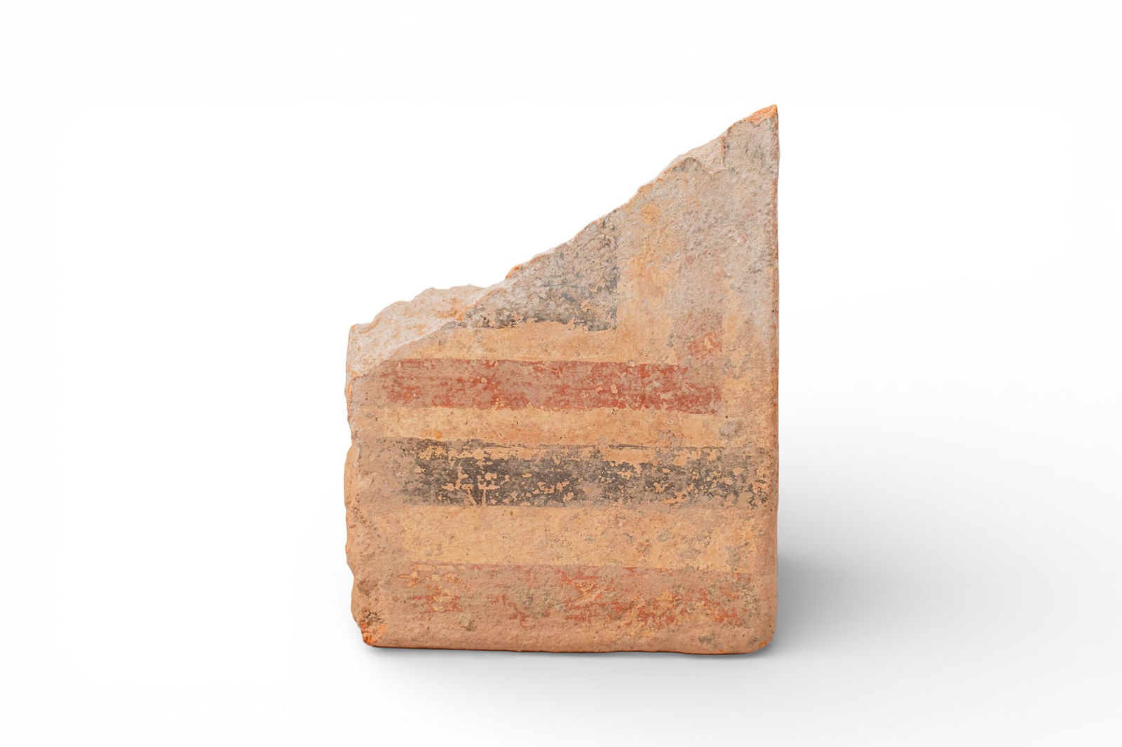 ROMAN POTTERY PAINTED TILE WITH GEOMETRIC MOTIF: Ca. 100 BC - AD 100. A terracotta tile fragment with the face painted with alternating red and black bands on a pale ground. For similar see: M. L. Anderson, Pompeian Frescoes in The Metropolitan Muse