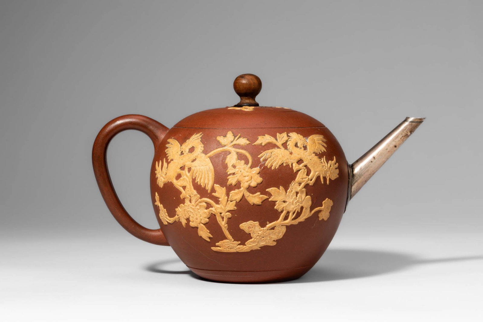 CHINESE YIXING TEAPOT WITH APPLIED DECORATION AND METAL SPOUT (1 of 7)