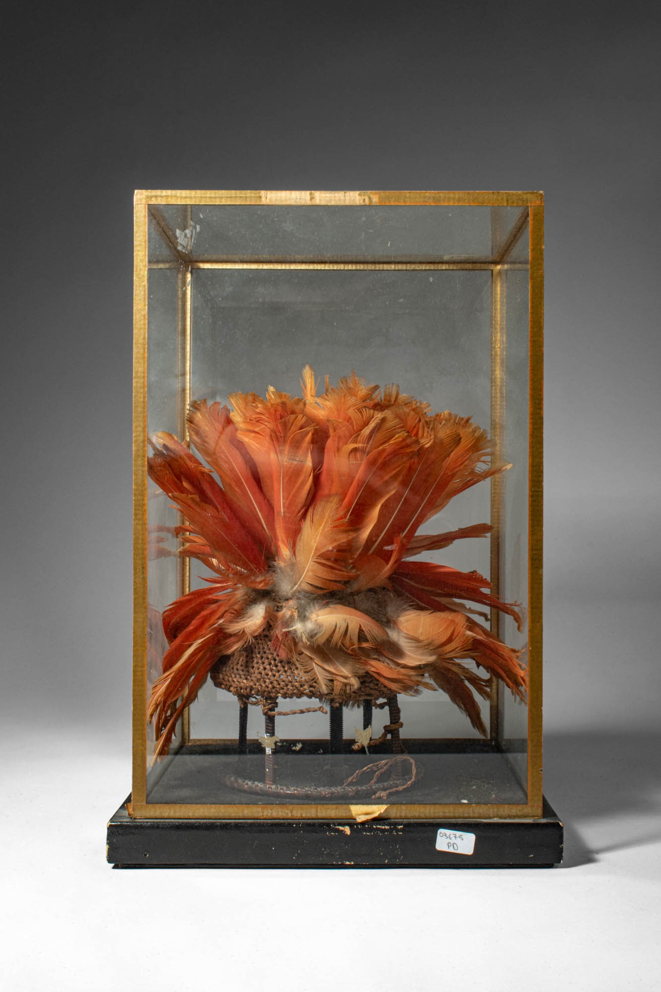 MANGBETU HAT WITH FEATHERS: Ca. late 19th - early 20th century AD. >A hat of domed form, constructed on a woven fibre base and richly adorned with a profusion of vibrant orange and russet parrot feathers, radiating outward in a 