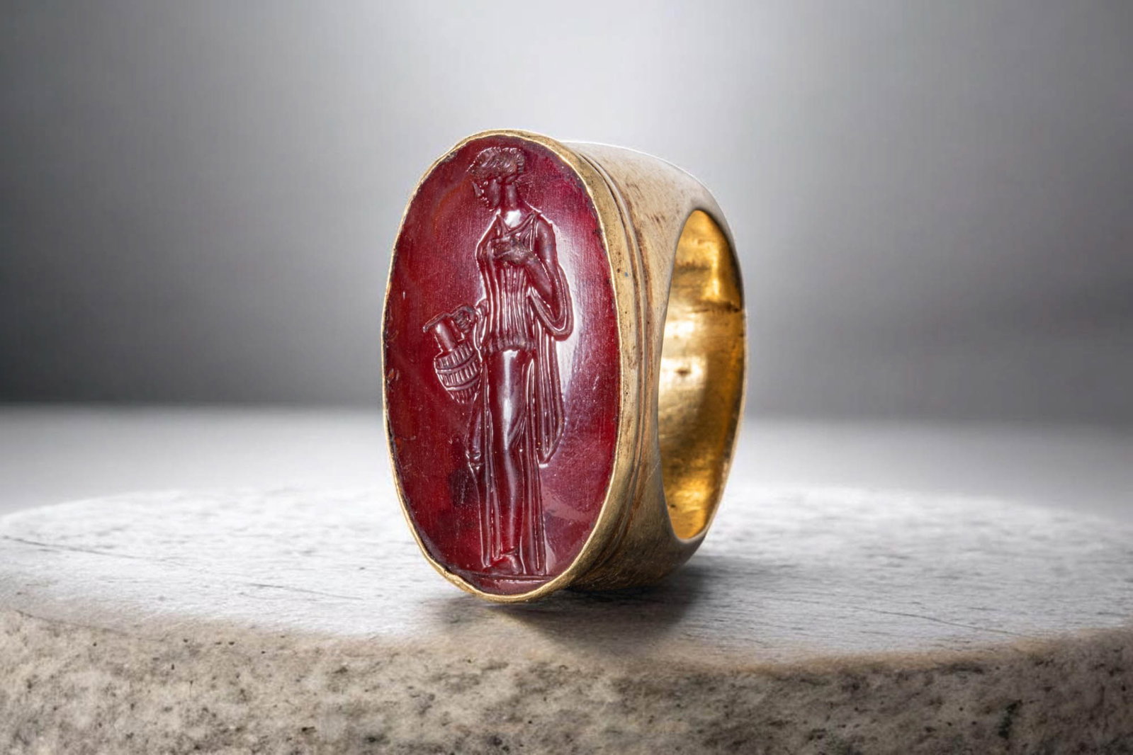STUNNING HELLENISTIC GOLD RING WITH CARNELIAN INTAGLIO OF MARITIME NYMPH: Ca. 200 - 1 BC. A superb gold ring with a broad tapering hoop and an oval bezel set with a carnelian intaglio engraved with a standing maritime nymph in profile, draped in a long chiton falling in nar