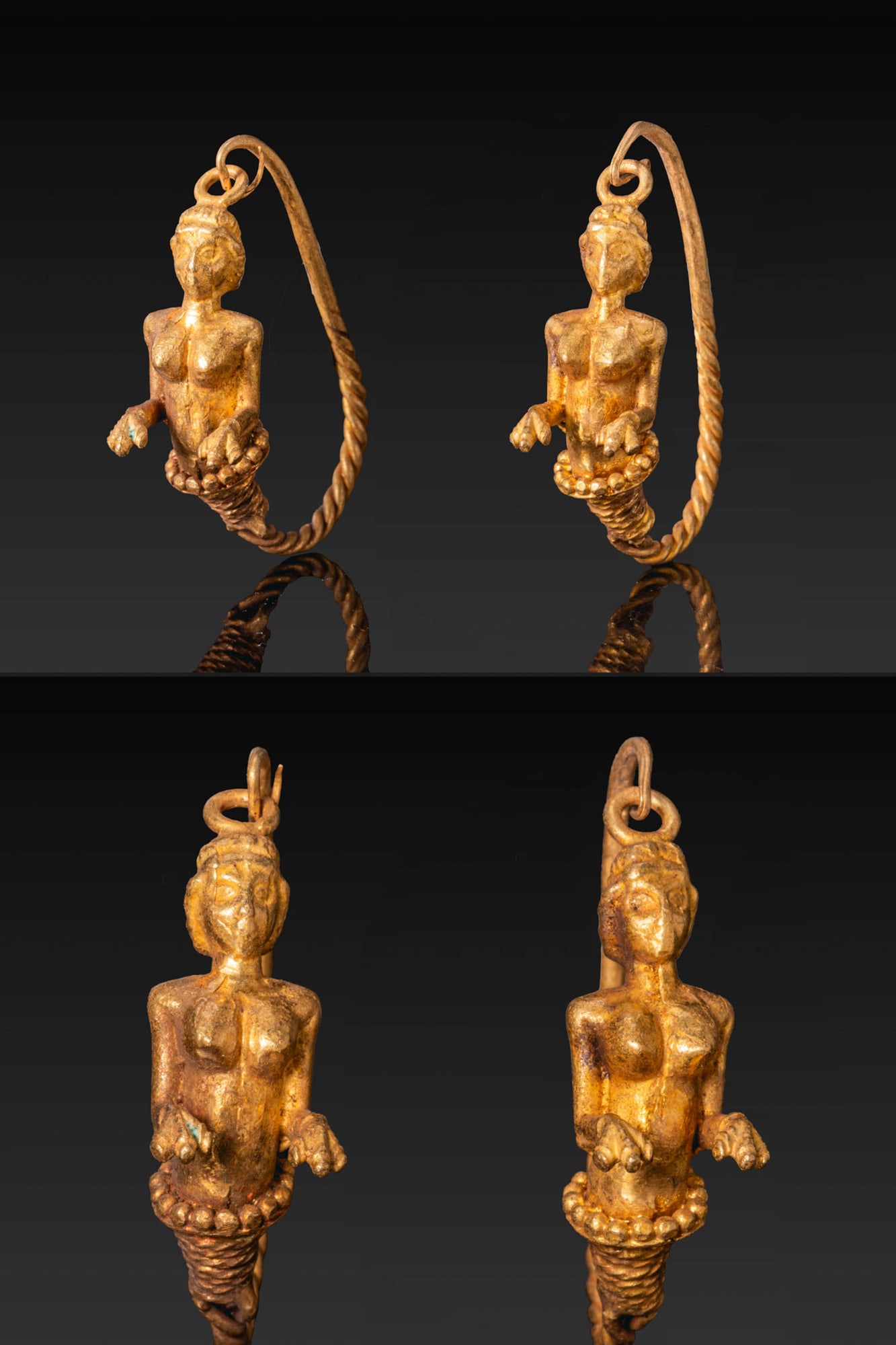 MATCHED PAIR OF HELLENISTIC GOLD EARRINGS WITH SPHINXES: Ca. 300 - 200 BC. A matched pair of gold earrings, each formed as a twisted hoop terminating in a beaded collar with a tapering conical base, from which rises the forepart of a sphinx with female head