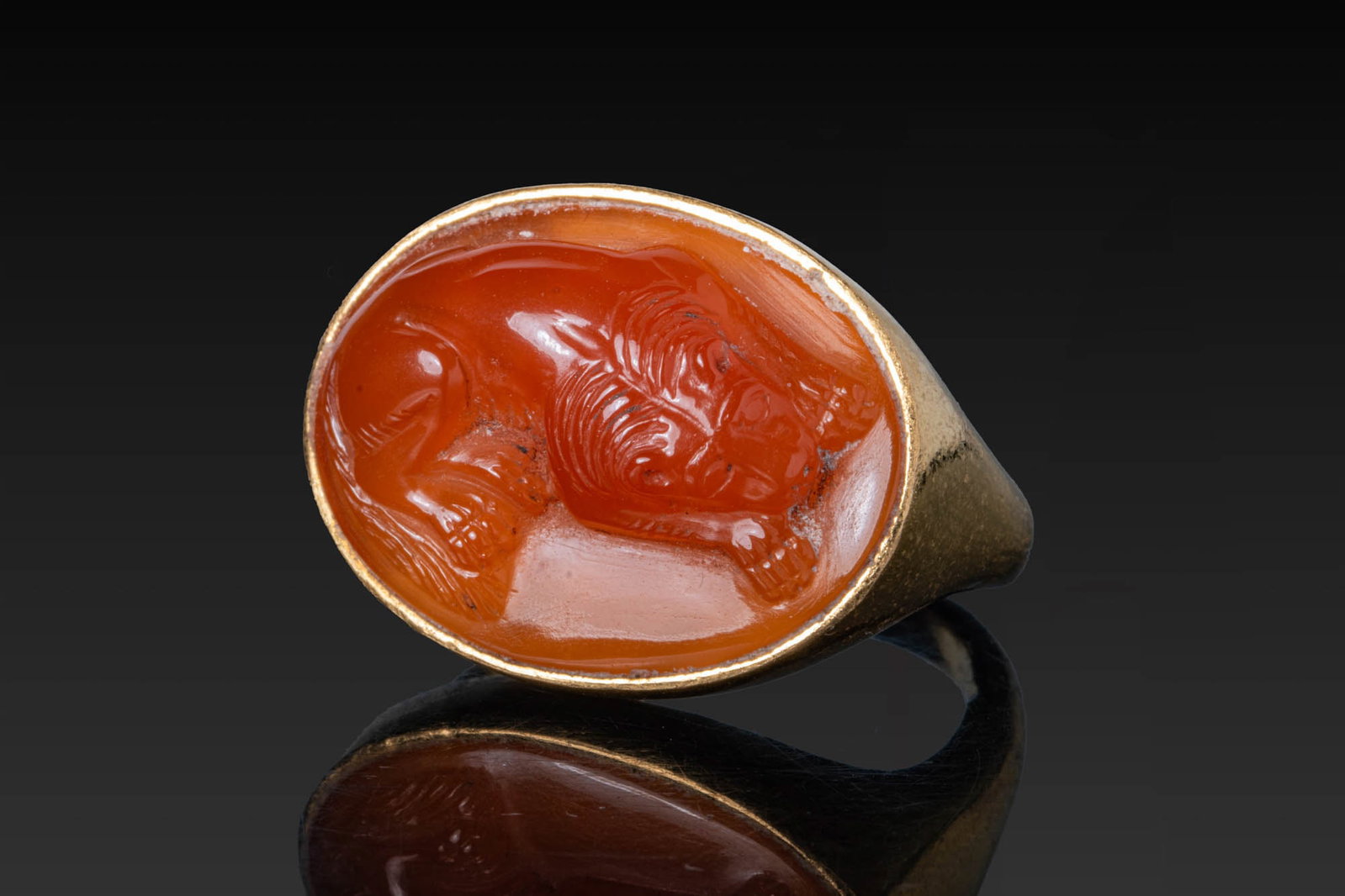 MASSIVE ROMAN CAMEO OF A LION IN GOLD RING: Ca. AD 1 - 300. A cameo of a recumbent lion resting with its forelegs extended. It is set in a possibly later gold ring with a rounded hoop expanding to an oval bezel. Size: D:19.76mm / US: 10 / UK: T