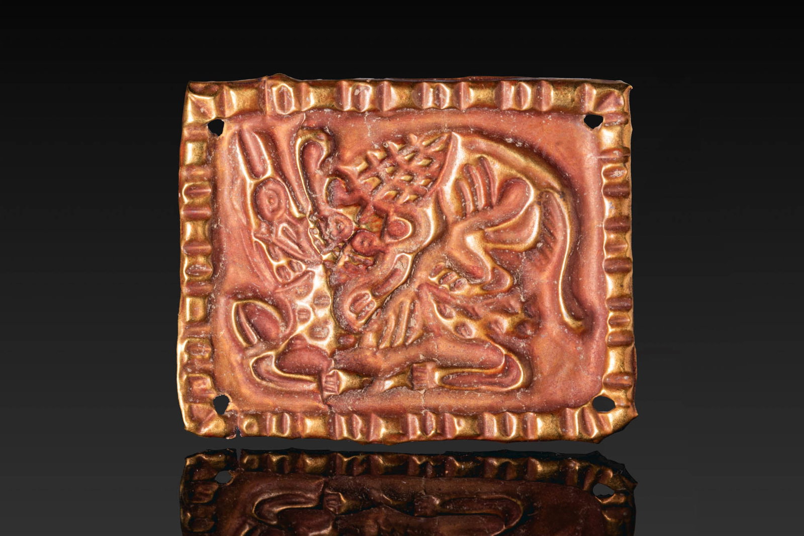 SCYTHIAN REPOUSSE GOLD PLAQUE WITH A LION ATTACKING A DEER (1 of 6)