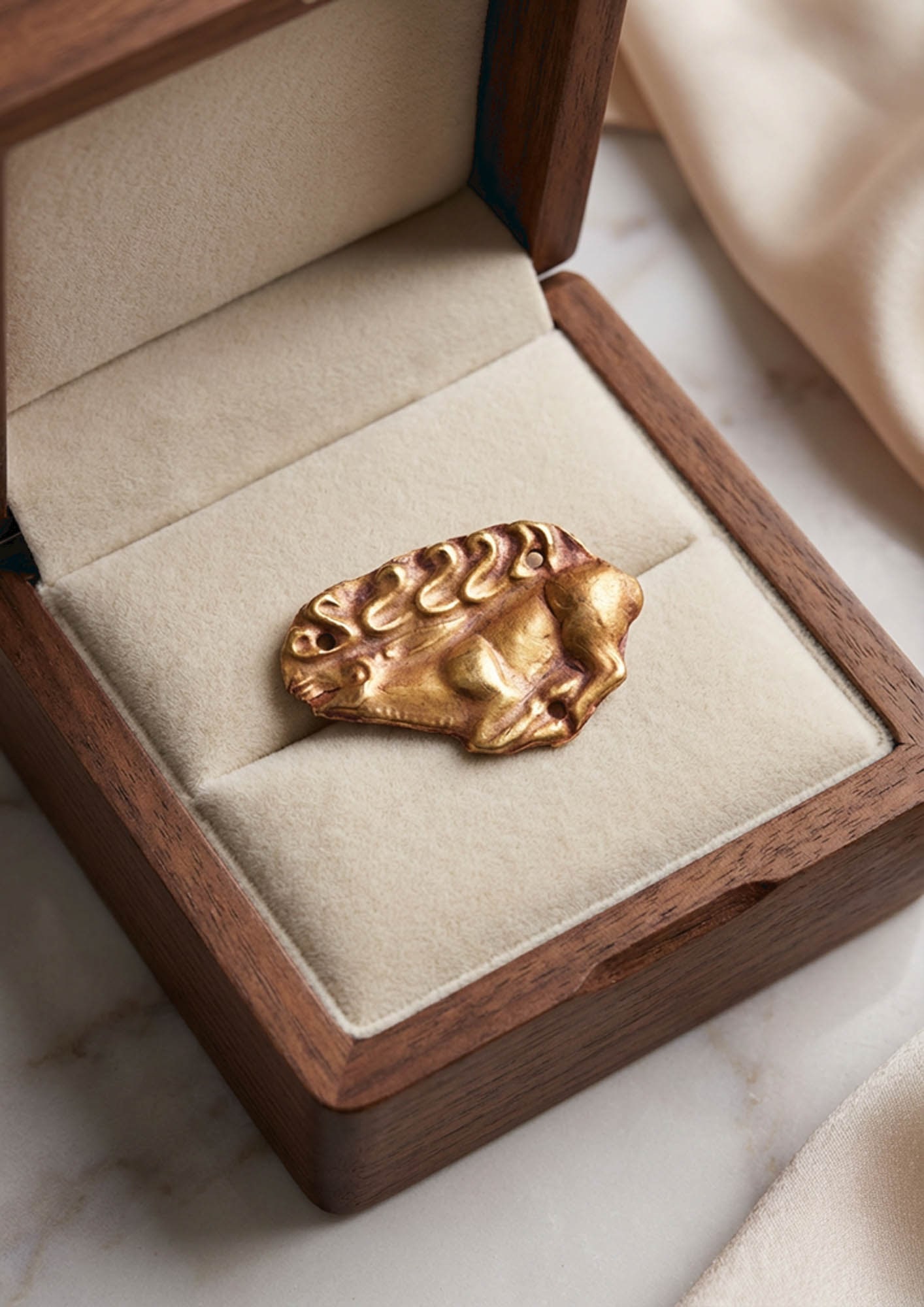 SCYTHIAN GOLD RECUMBENT STAG APPLIQUE: Ca. 400 - 300 BC. A thin sheet gold applique modelled in low relief as a stag in left profile with the legs folded beneath the body, the neck extended and the head raised, with the antlers rendered as