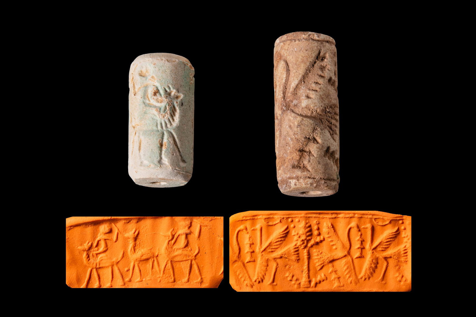 PAIR OF CENTRAL ASIAN AND CYPRO-CANAANITE OR LEVANTINE CYLINDER SEALS: Ca. 1500 - 500 BC. A pair of cylinder seals, including, from left to right: a pale faience or composition seal, probably Central Asian, engraved with a camel rider and a second camel; and a light brow