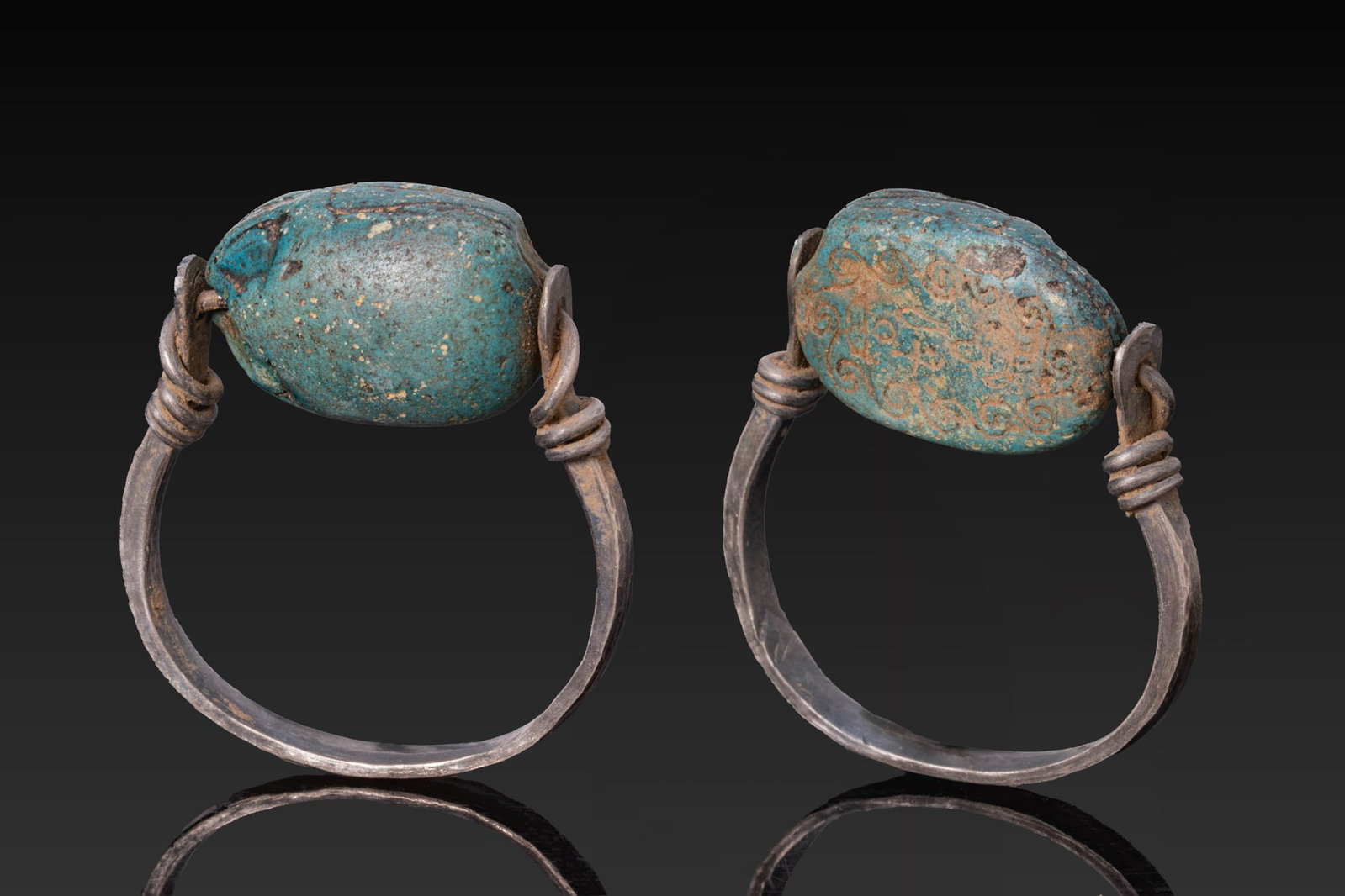 EGYPTIAN BLUE GLAZE STEATITE SCARAB IN SILVER SWIVEL RING (1 of 6)