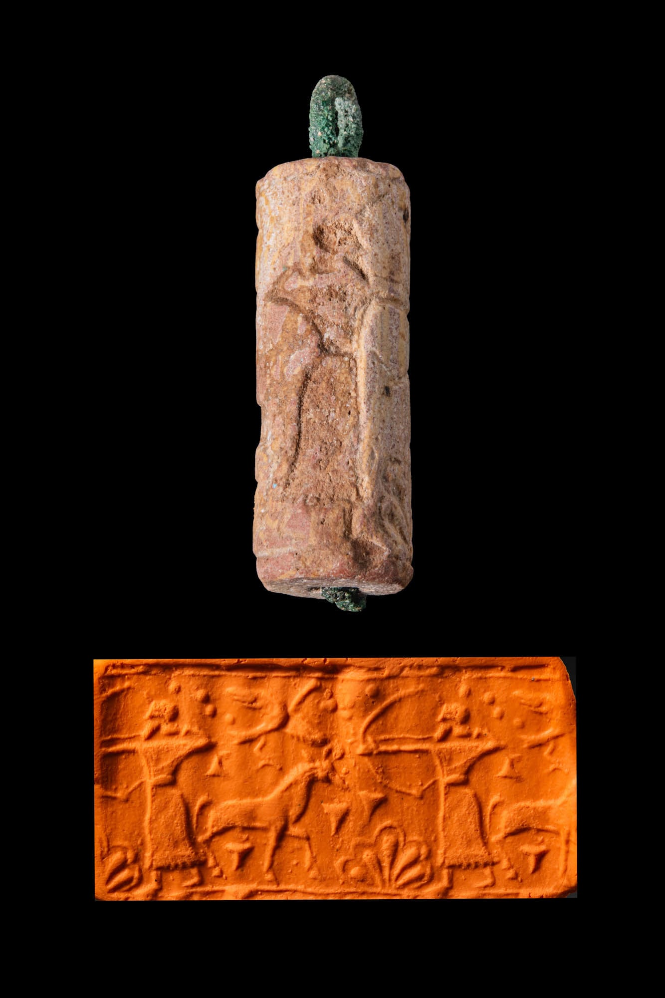 NEO-ASSYRIAN LIMESTONE CYLINDER SEAL WITH BRONZE RING, A HERO, A HORSE, AND A BIRD (1 of 5)