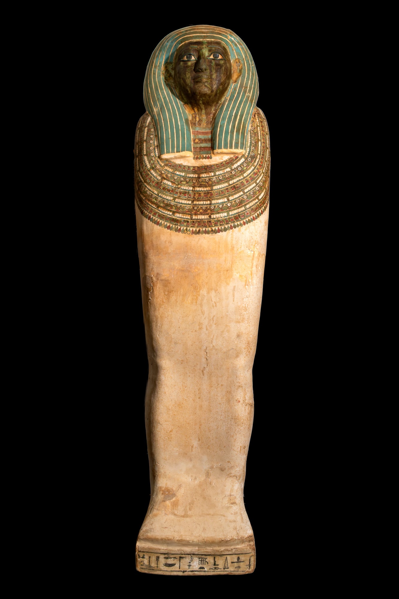 LARGE EGYPTIAN POLYCHROME SARCOPHAGUS LID: Late Period, Ca. 664 - 332 BC. A wood anthropoid sarcophagus lid covered with gesso and painted, the interior left plain. The face is painted green, with inset stone eyes and bronze eyebrows beneath a