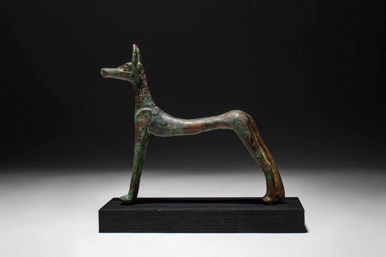 EGYPTIAN BRONZE FIGURE OF WEPWAPET: Third Intermediate Period to Late Period, Ca. 700 - 332 BC. A bronze figurine of a jackal standing on slender legs, with an elongated body and a long tapering muzzle. The head has tall, pointed ears, 