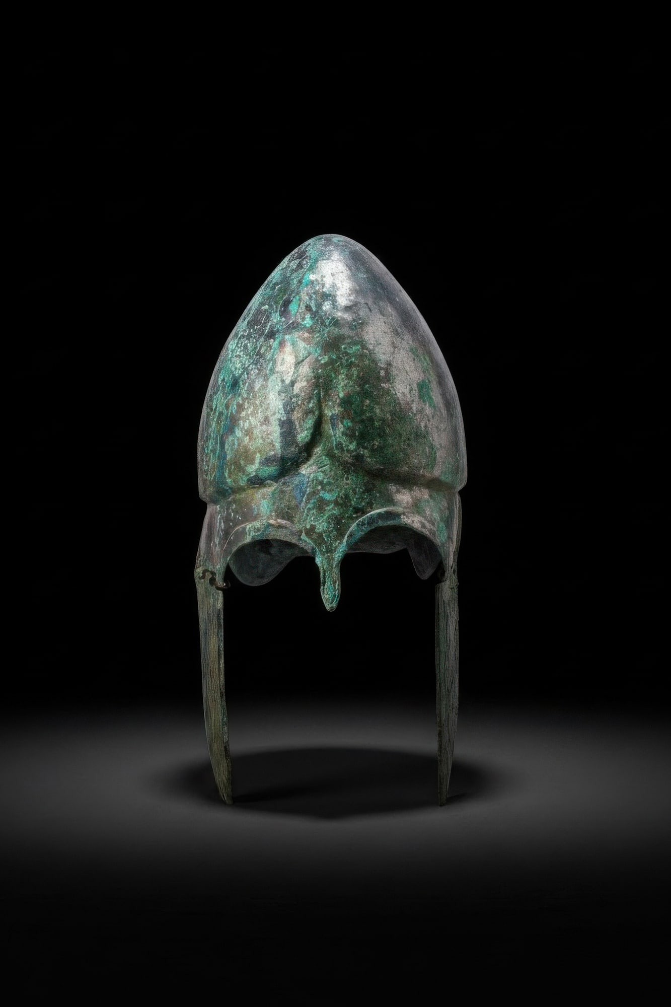 GREEK CHALCIDIAN TINNED BRONZE HELMET WITH CHEEK PIECES: Ca. 400 BC. A bronze Chalcidian helmet with a domed crown and a prominent horizontal ridge encircling the lower section. The front has arched openings for the eyes, separated by a short, projecting na