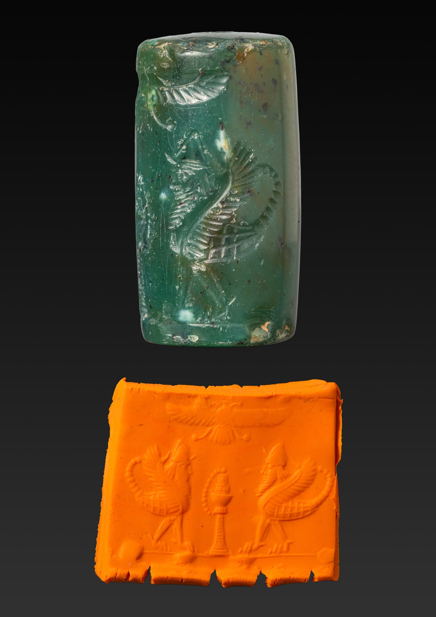 NEO ELAMITE GREEN STONE CYLINDER SEAL WITH WINGED SCORPION-MEN AND AN INCENSE BURNER (1 of 4)
