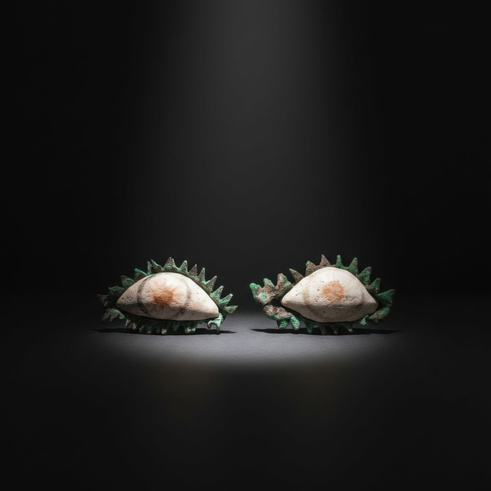 PAIR OF GREEK BRONZE AND STONE EYES: Ca. 500 BC. A pair of eyes, each with a white almond-shaped sclera and a red painted pupil enclosed by a dark ring, set in a bronze frame with radiating lashes. For similar see: The Metropolitan Museu