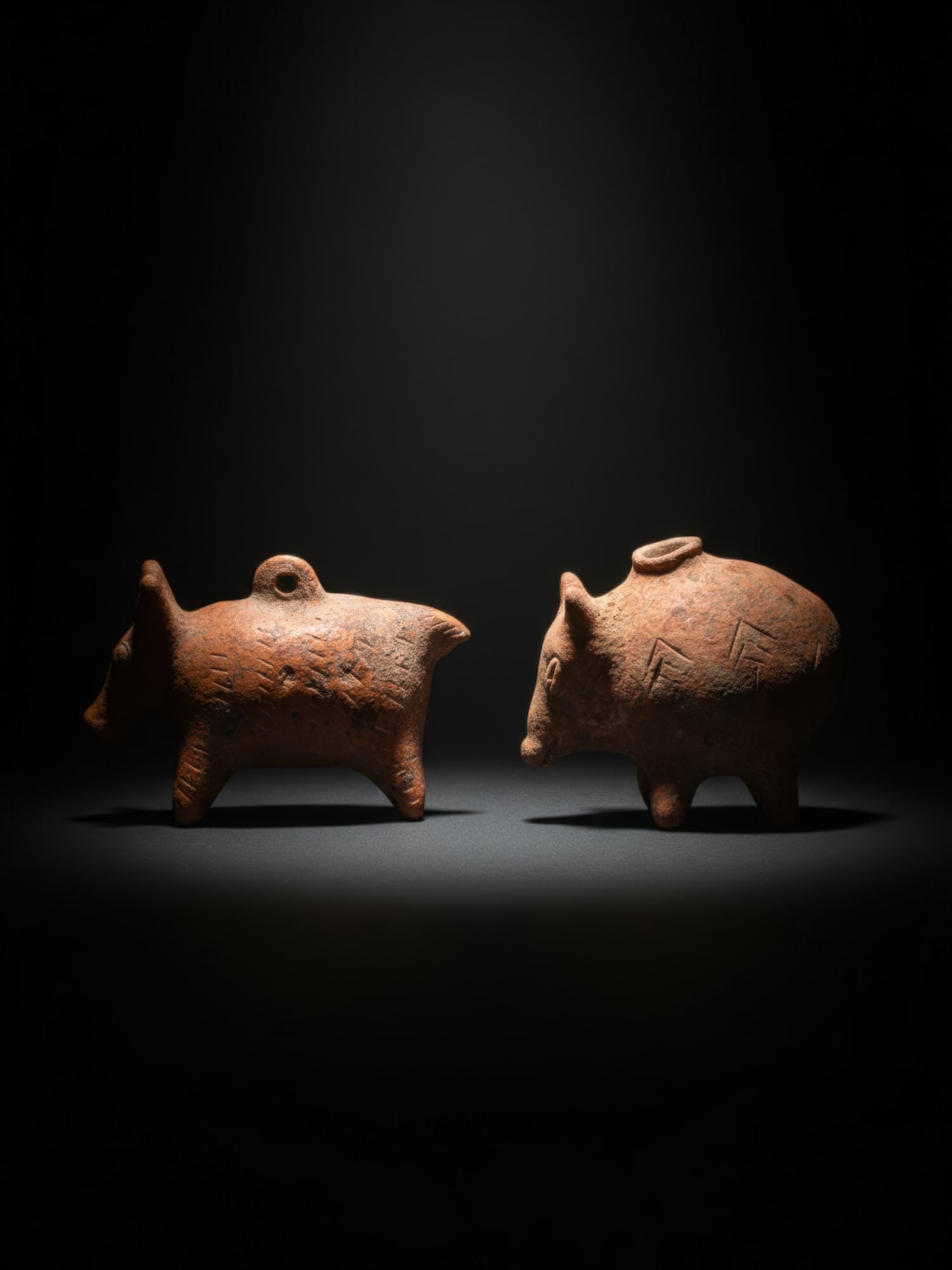 PAIR OF CYPRIOT TERRACOTTA BOAR RATTLE AND PIG ASKOS: Ca. 2000 - 1800 BC. A pair of terracotta animals, from left to right: a boar-shaped rattle with a rectangular body on four short legs, a cylindrical snout, applied circular eyes, and tall pointed ears
