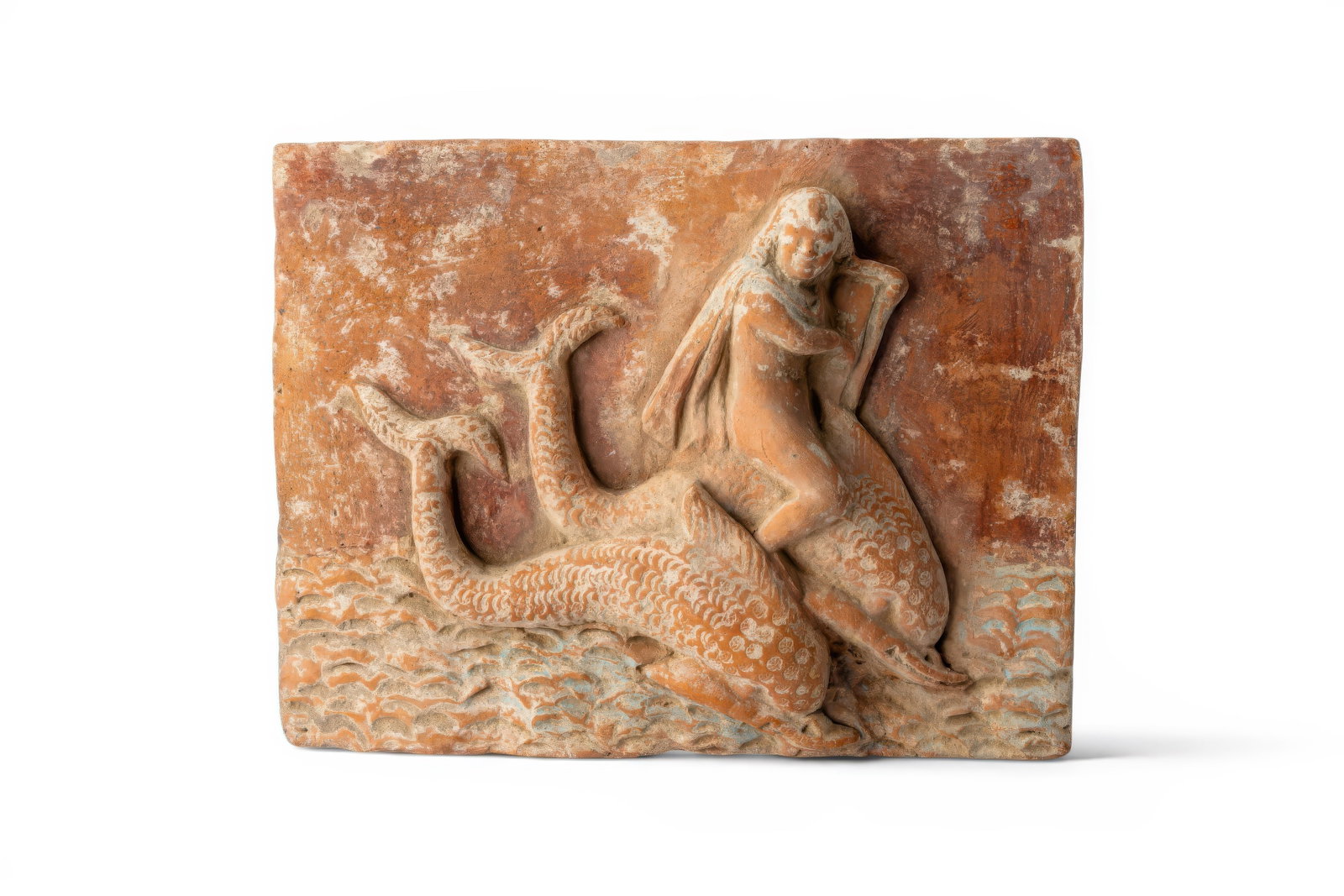 RARE ROMAN PAINTED TERRACOTTA TILE WITH EROS RIDING DOLPHINS (1 of 3)