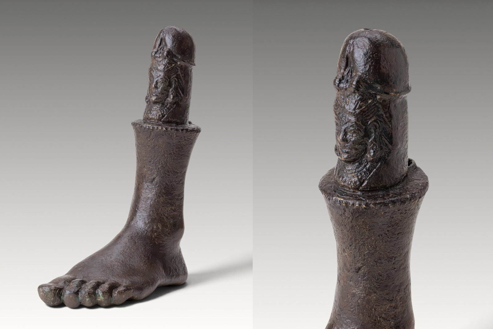 RARE KUSHAN BRONZE LINGAM FOOT - EX VOTO: Ca. 100 BC - AD 300. A cast bronze ex voto combining a human foot with an upright lingam above the ankle. The foot has individually modelled toes and a gently arched instep. The lingam is decorated wi