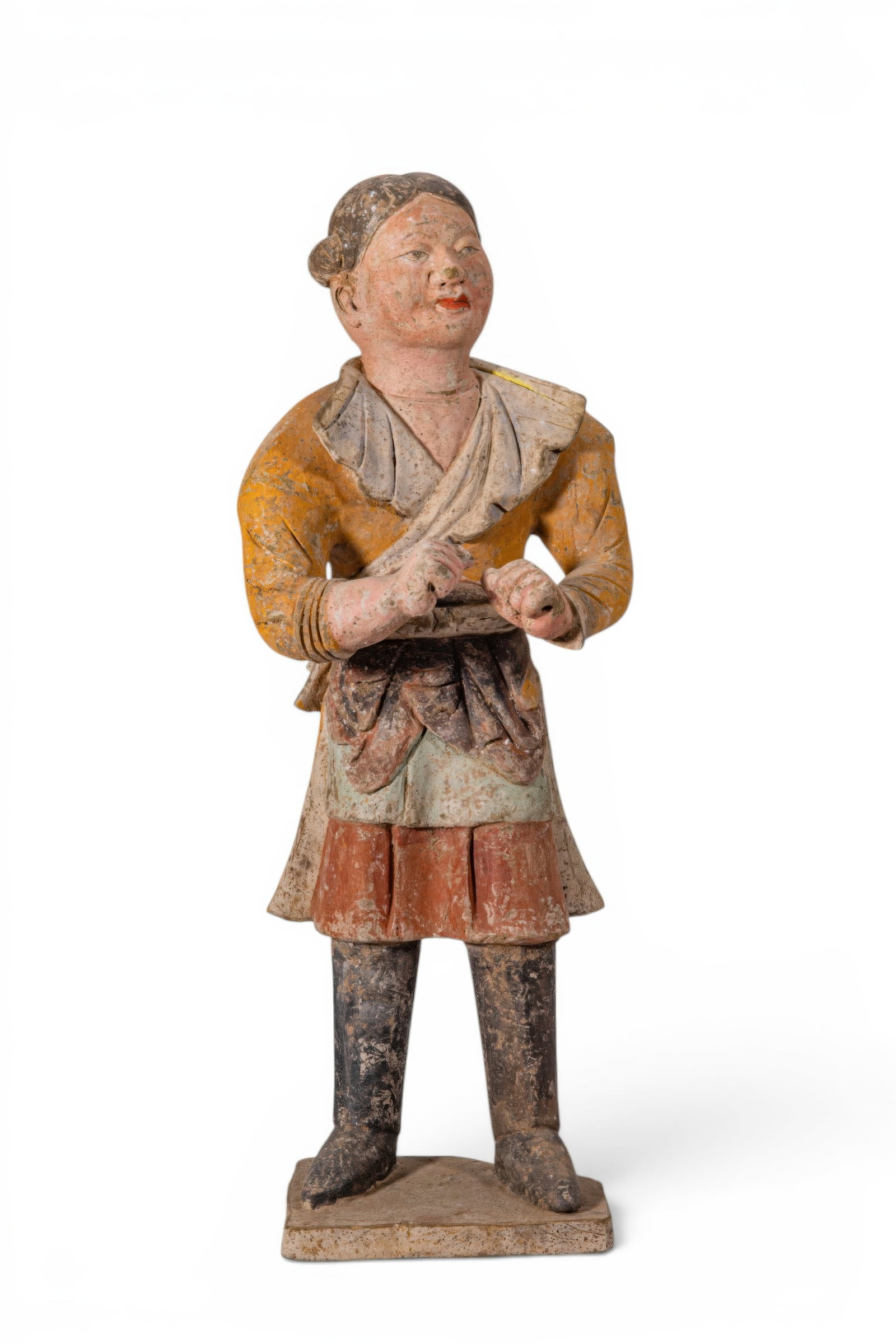 CHINESE TERRACOTTA FIGURE OF A SOGDIAN - TL TESTED: Tang Dynasty, Ca. AD 618 - 907. A moulded terracotta figure depicting a standing Sogdian attendant or entertainer, modelled in an animated pose with the head turned slightly upwards and the hands held