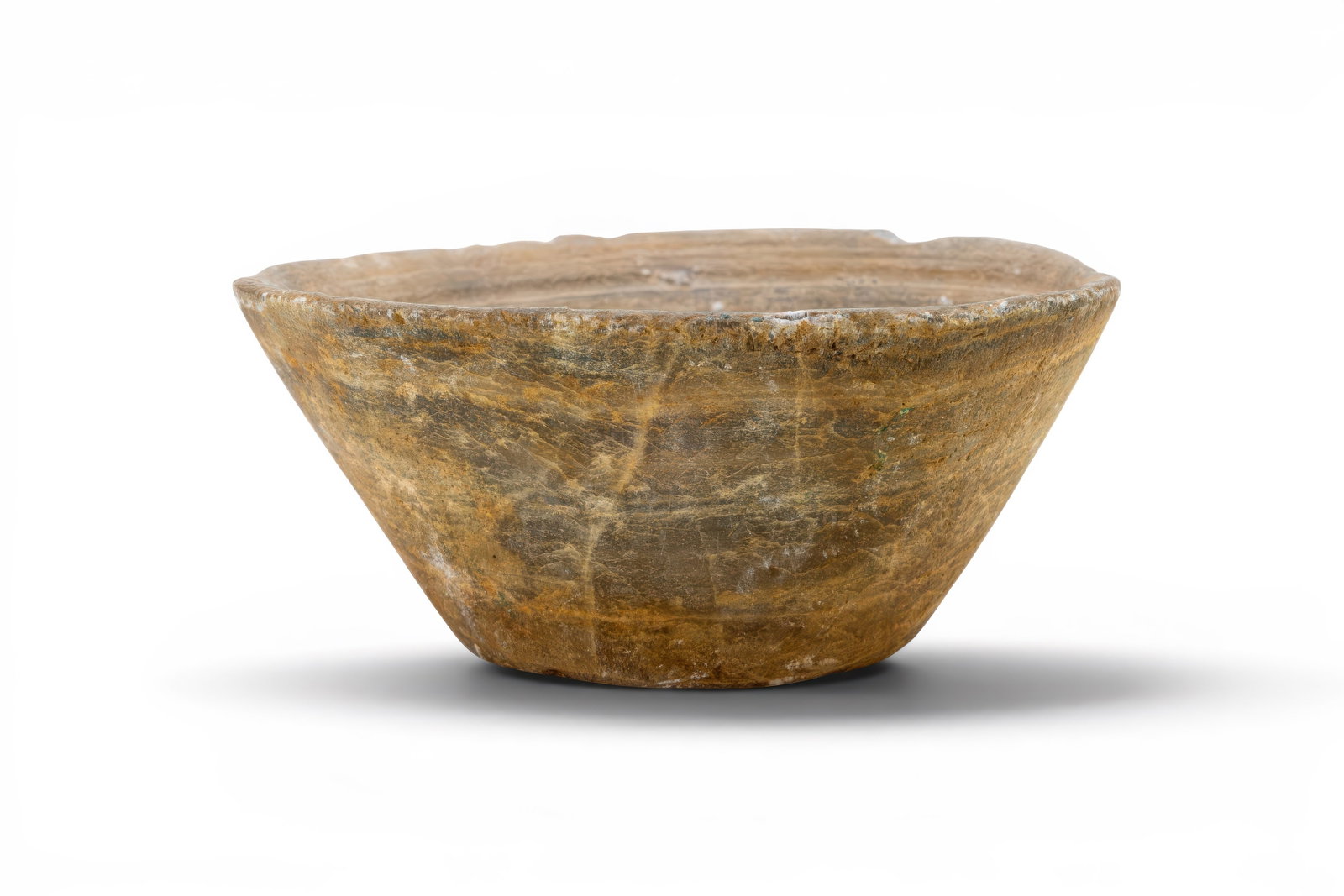 EGYPTIAN ALABASTER CONICAL BOWL: Old Kingdom, Ca. 2640 - 2200 BC. An alabaster bowl with a truncated conical body and broad open mouth. The sides flare evenly from the flat base to a plain rounded rim. Size: 60mm x 140mm; Weight: 580