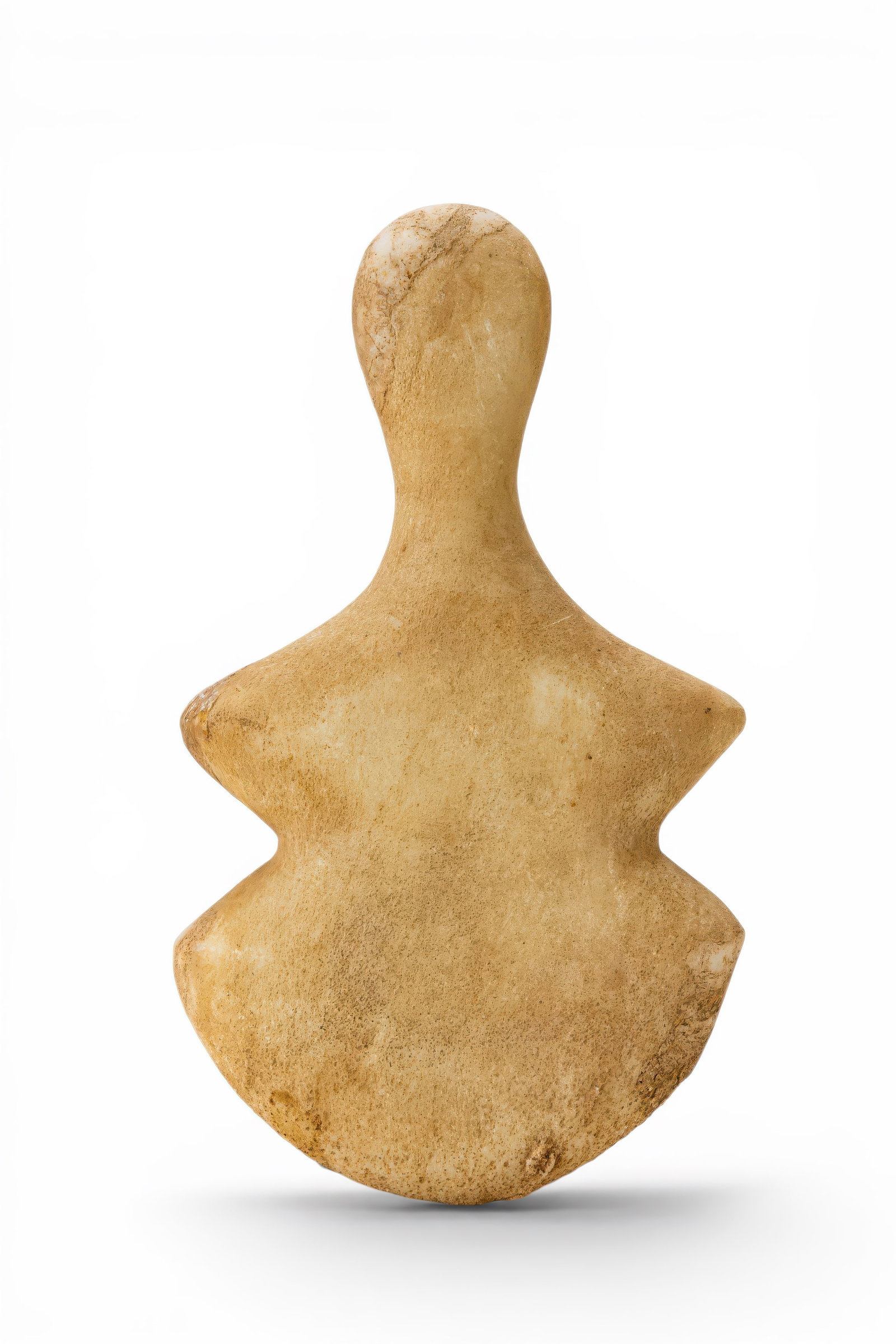WESTERN ANATOLIAN MARBLE KUSURA TYPE IDOL: Ca. 2700 - 2300 BC. A marble Kusura type idol with a broad violin-shaped body, angular shoulders, and a long tapering neck ending in a rounded head. The waist is pinched at the sides above a rounded l