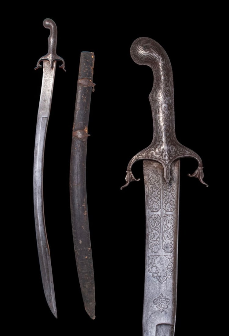 OTTOMAN SABRE WITH GERMAN (SOLINGEN) EXPORT BLADE, EARLY 19TH C.: Ca. 19th century AD. With curved single-edged blade of flattened wedge section, formed with a narrow fuller along the back edge towards the forte and a short reinforced false edge near the point, etch