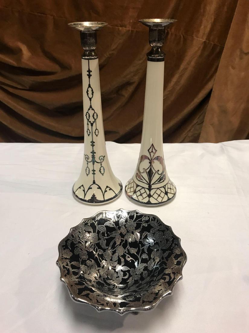 3 Piece Silver Overlay Candlesticks and Bowl (1 of 6)