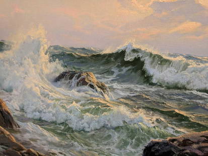 Charles Vickery SUNSET AND SURGING SEA OIL Painting: Impressively sized, signed Charles Vickery, Oil on Canvas . Framed Russel Burton Gallery Chicago .Seascape titled SUNSET AND SURGING SEA of the Maine coastline, that illuminates in regular lighting. N