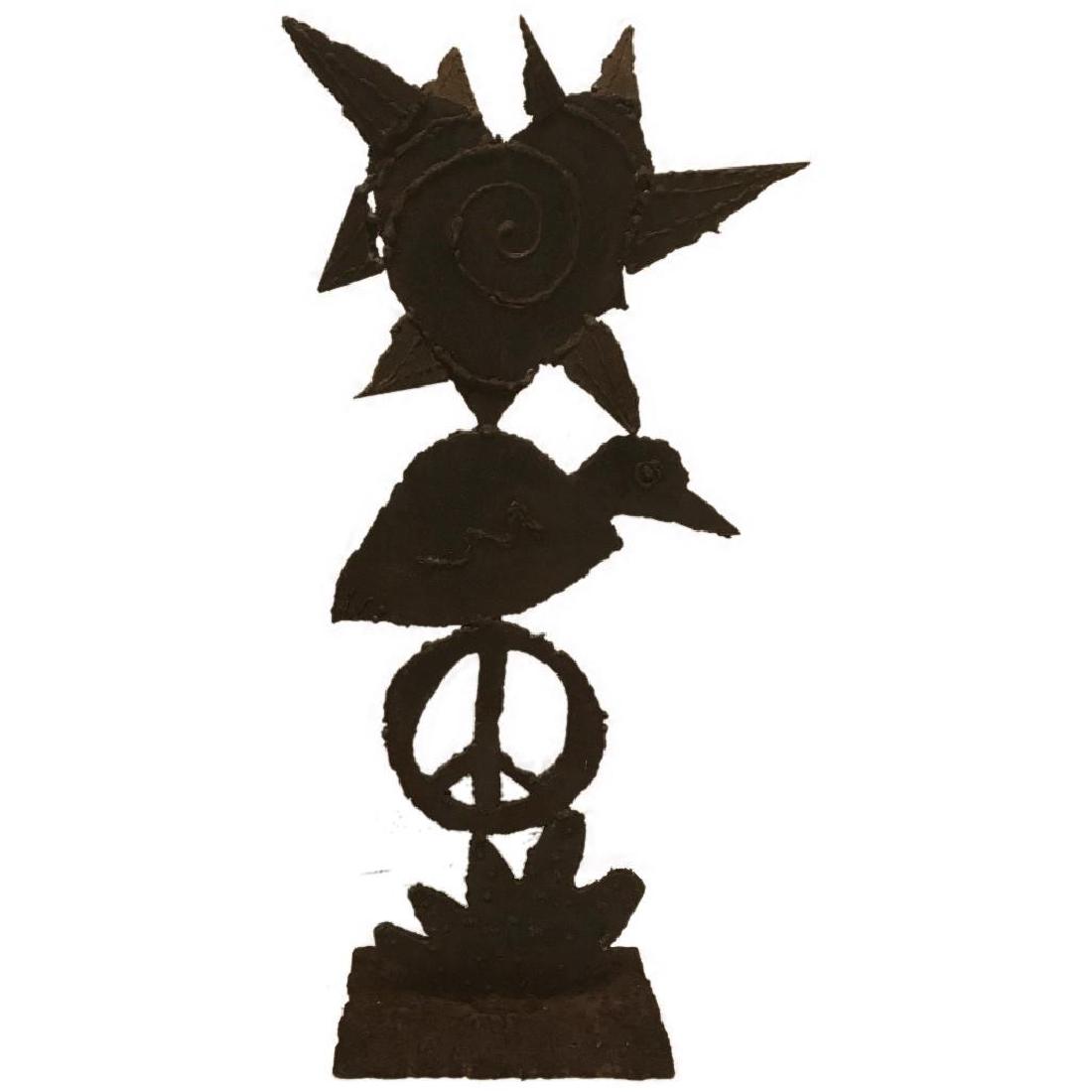 Distressed Metal Sculpture, Peace and Duck: This Sculpture of rusted metal will make a nice addition to your home or garden. Rust is like black, it goes with everything.It measures approximately 30"; tall by 13" across.This is a heavy piece.