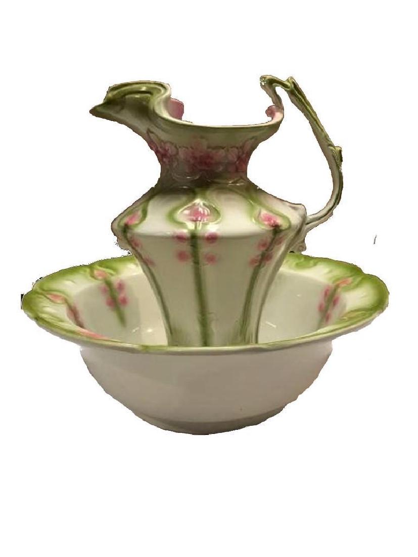 Wood & Son Pitcher and Wash Bowl Basin Set: Vintage Royal Semi-Porcelain Wood & Son made in England pitcher and wash basin set accented with pink flowers and green trim on pitcher and scalloped base. Basin has slight brown spot in bowl. Bas