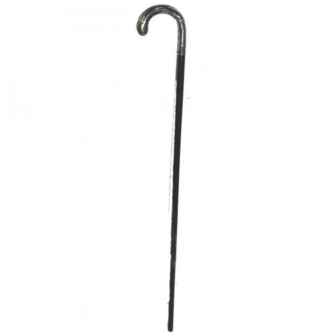 Antique Silver Handled Cane: This is an old cane with real wood stick, and curved silver handle. It has some clear packing tape about 3/4 of the way to the bottom which likely indicates some splitting. This cane measu