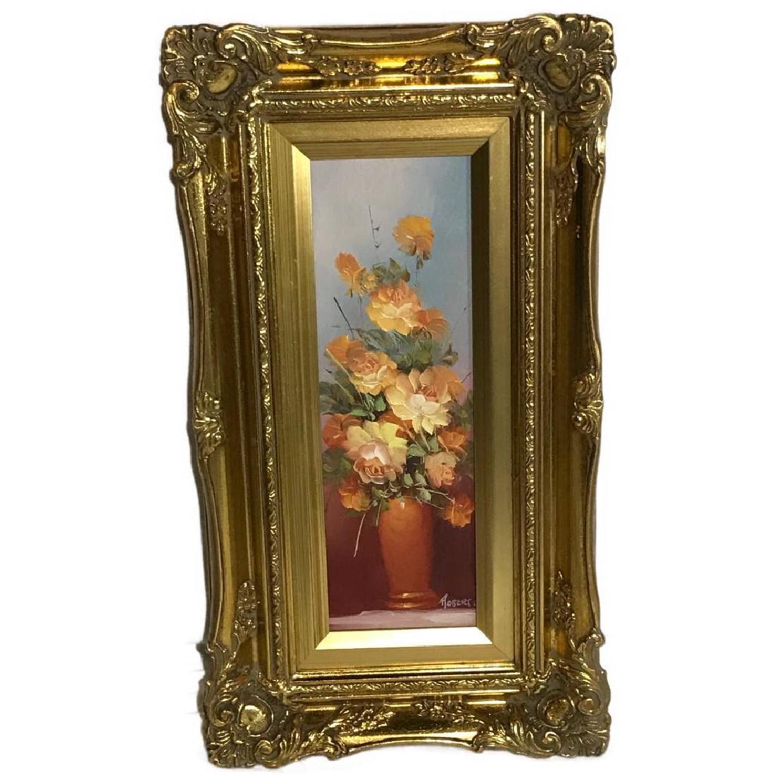 Oil on Board by Robert Cox, Orange Flowers: Oil on Board in a beautiful Gold Frame, measuring approx. 17.5"x10". Signed on the bottom right hand side. Orange floral arrangement scene. Very good used condition with no seen damage.