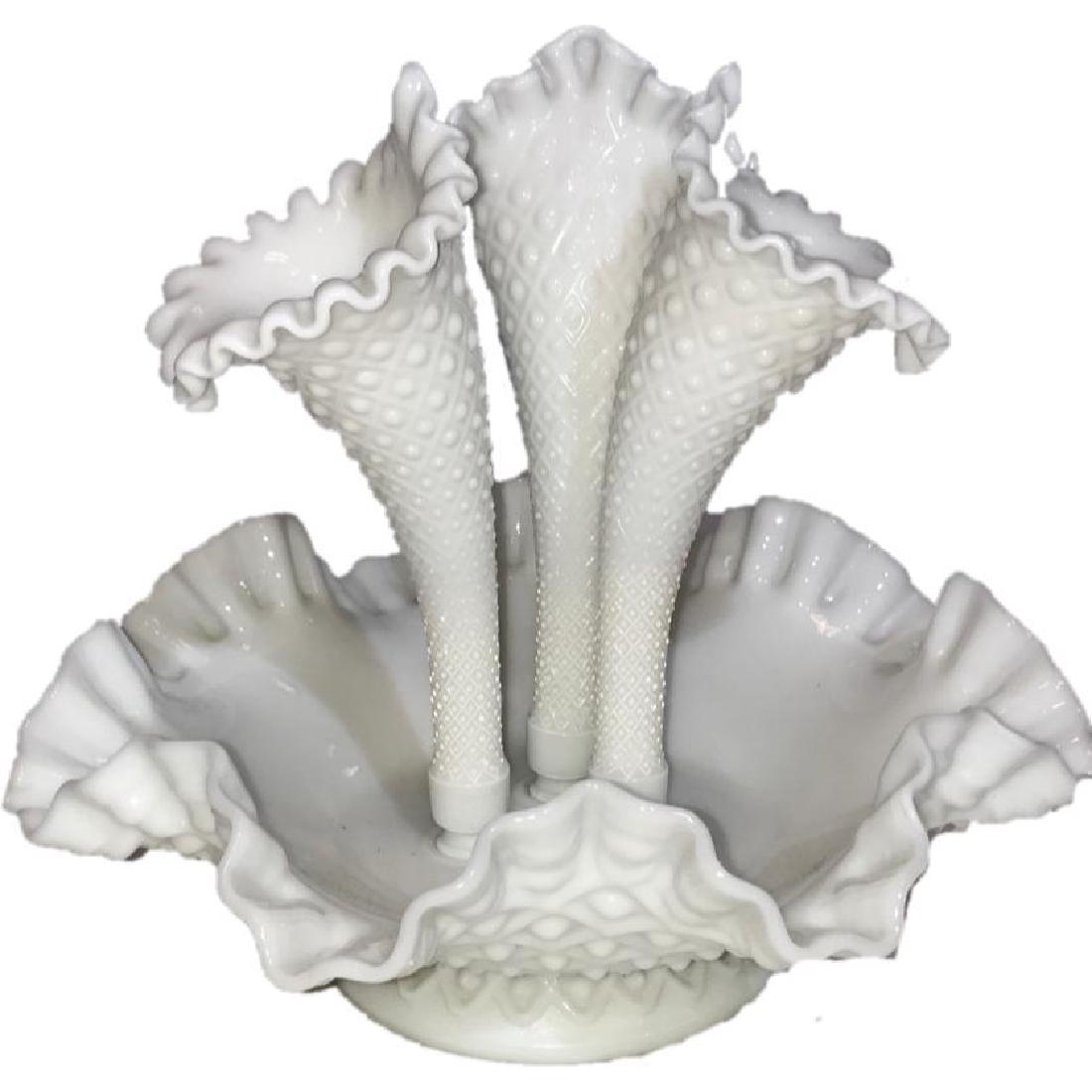 Fenton Art Glass Hobnail Epergne: 1 White Milk Glass ruffled Hobnail centerpiece with 3 horn flower Epergne vases. it is approximately 9.5' tall, 10.5" across and has 3 8.5" vases. 