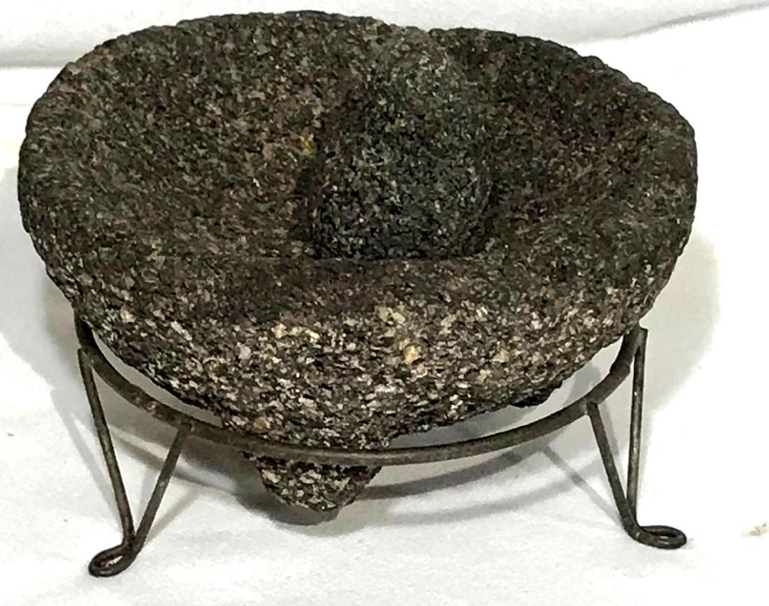 Lava Rock Mortar and Pestle on Stand: This is a very interesting Mortar and Pestle. It appears to be made out of some type of lava rock. It is quite porous. It measures 7.5" across and 4" tall with out the stand. 5