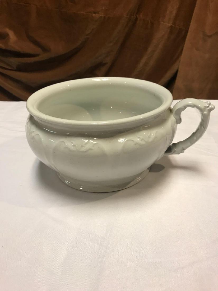 Johnson Brothers Ironstone Chamber Pot: Johnson Bros. White Ironstone chamber pot cachepot, measures approximately 8" across and 5" tall.